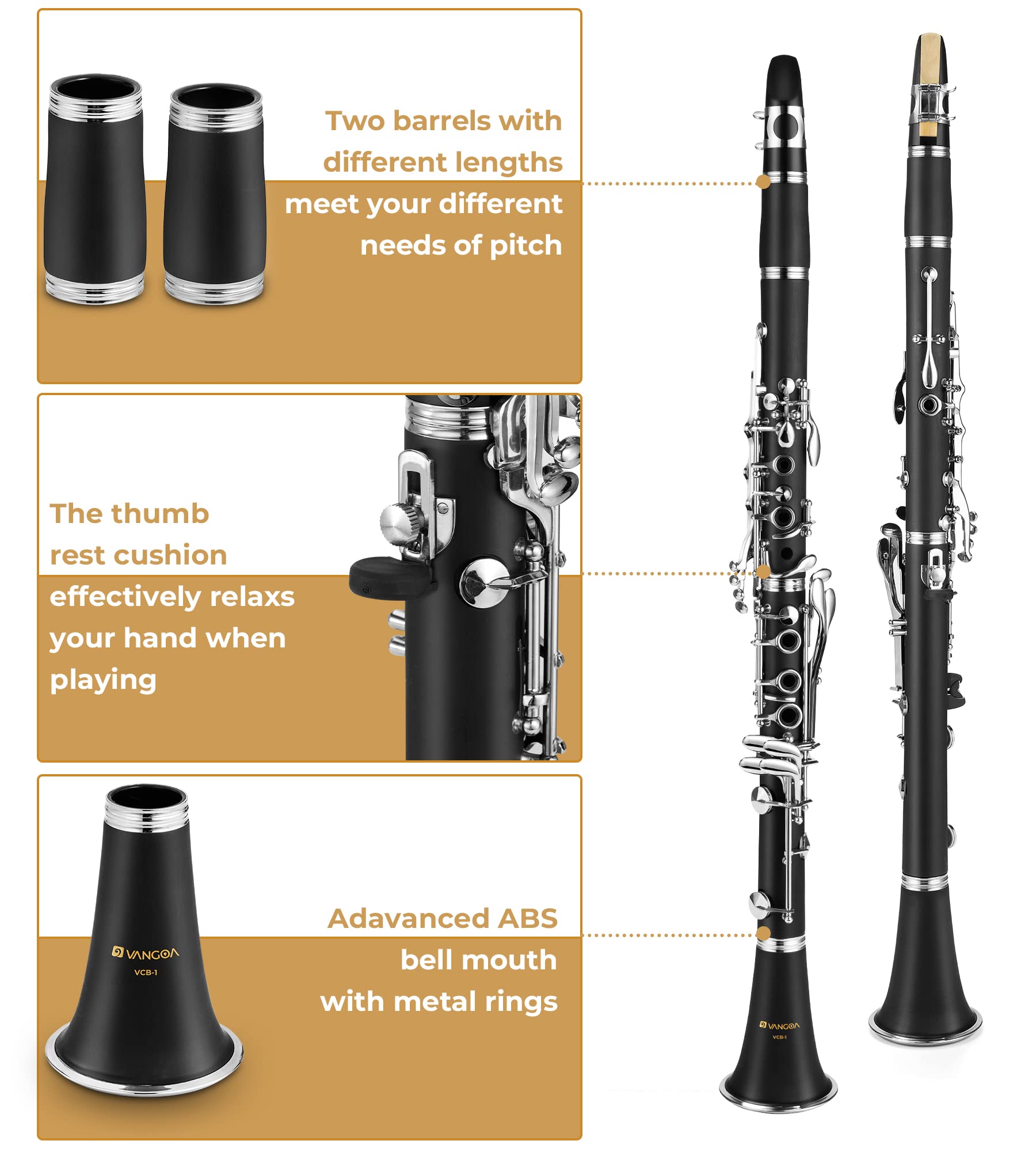 Vangoa Bb Clarinet - Professional B Flat Beginner Student Clarinet for School Band & Orchestra | Nickel-Plated with Hard Case, Stand, Cleaning Kit, Barrels, Gloves, Strap, Pads & Reeds | Perfect for Kids, Teens & Adult Music Learners | Ideal for School Performances, Practice & Music Lessons