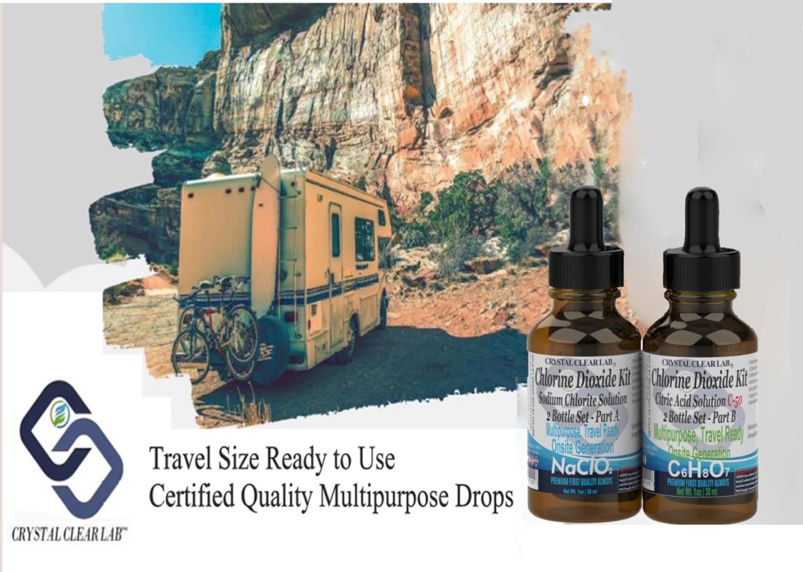 Crystal Clear Chlorine Dioxide ClO2-Kit with Citric Acid Solution & EZ-Drop Bottles - 1 Oz (2 Bottles) | Water Purification, Disinfection & Odor Removal for Camping, Emergency Preparedness & Home Use