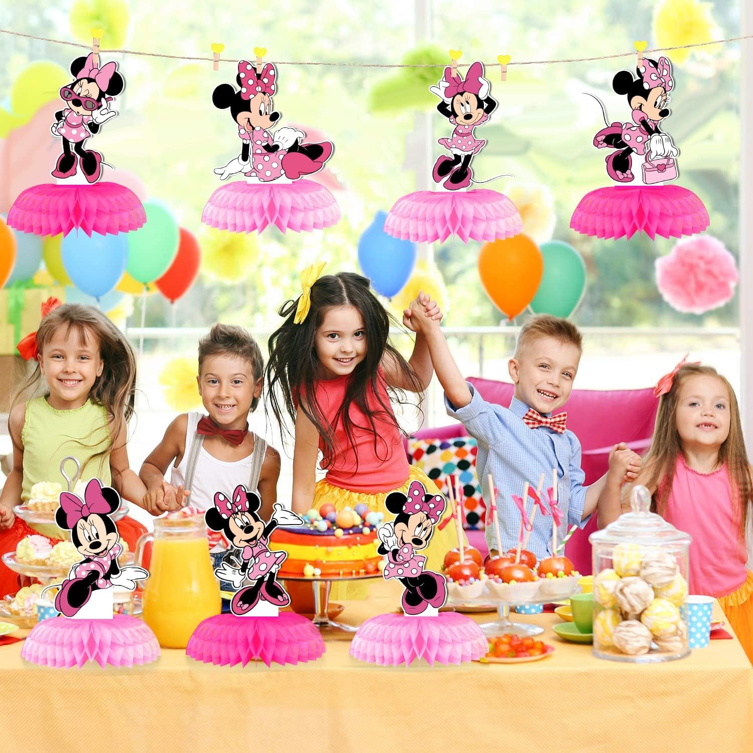 Minnie Mouse Birthday Party Decorations - 7Pcs Double Sided Honeycomb Centerpieces for Table Decor, Party Favors & Disney Themed Celebrations - Perfect for Kids Birthday Parties, Baby Showers & Themed Events