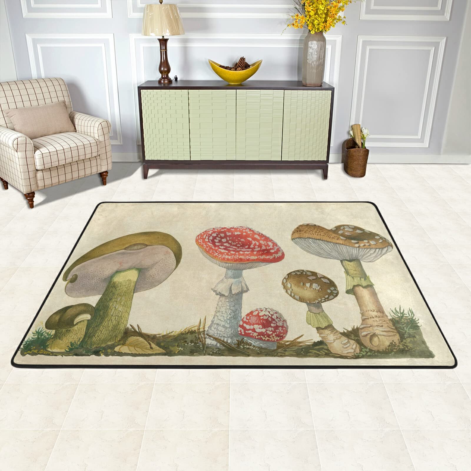 Vintage Mushroom Print Area Rugs - Stain Resistant Soft Carpet with Non-Slip Rubber Backing, Waterproof Kitchen Floor Mats for Indoor Home Use - Perfect for Kitchen, Bathroom, Living Room and Bedroom Decor