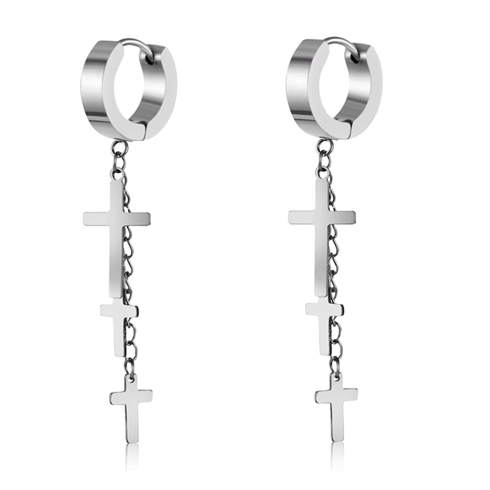 Punk Minimalist Stainless Steel Cross Drop Hoop Earrings for Men & Women - Gothic Jewelry for Everyday Wear, Parties & Alternative Fashion