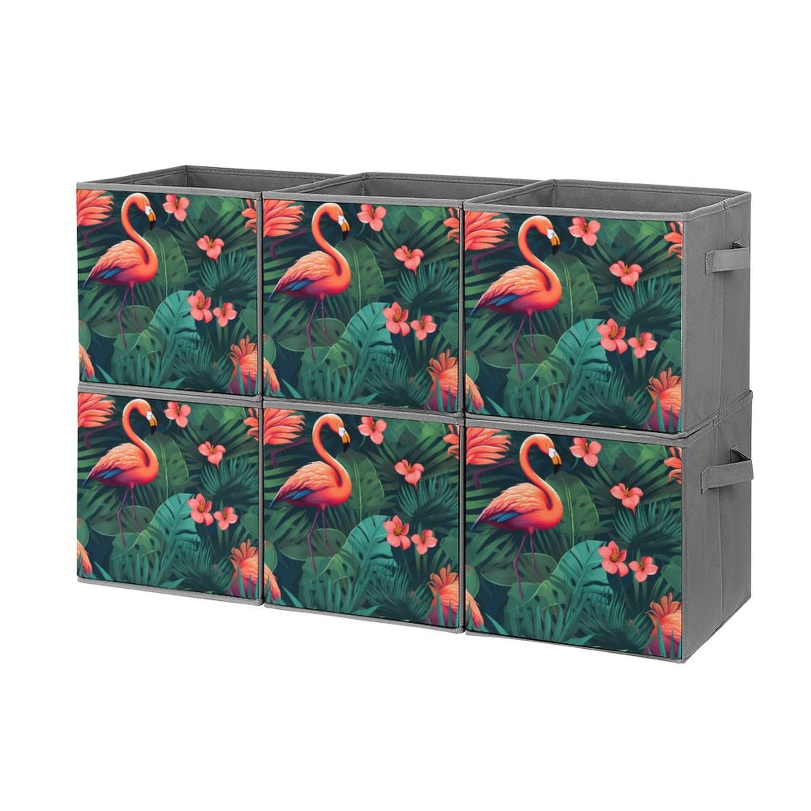 6-Pack Foldable Storage Cubes with Handles - Flamingo Tropical Flower Pattern Square Organizer Bins for Closet, Nursery, or Office Organization | Space-Saving Home Decor