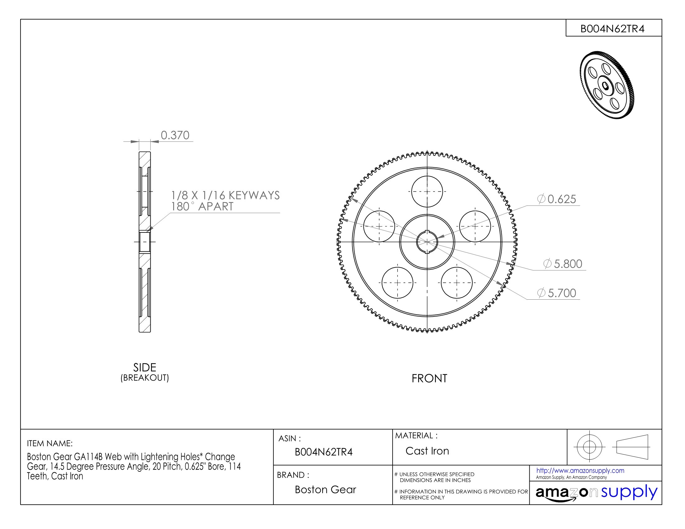 GA114B Lightweight Web with Lightning Holes Change Gear - 14.5° Pressure Angle, 20 Pitch, 0.625