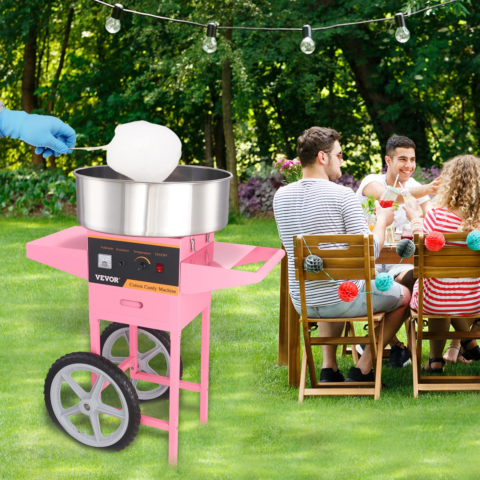 VBENLEM Commercial Cotton Candy Machine with Cart - Electric Candy Floss Maker with Stainless Steel Bowl, Sugar Scoop & Storage Drawer - Perfect for Birthday Parties, Carnival Events, and Home Use (Pink)