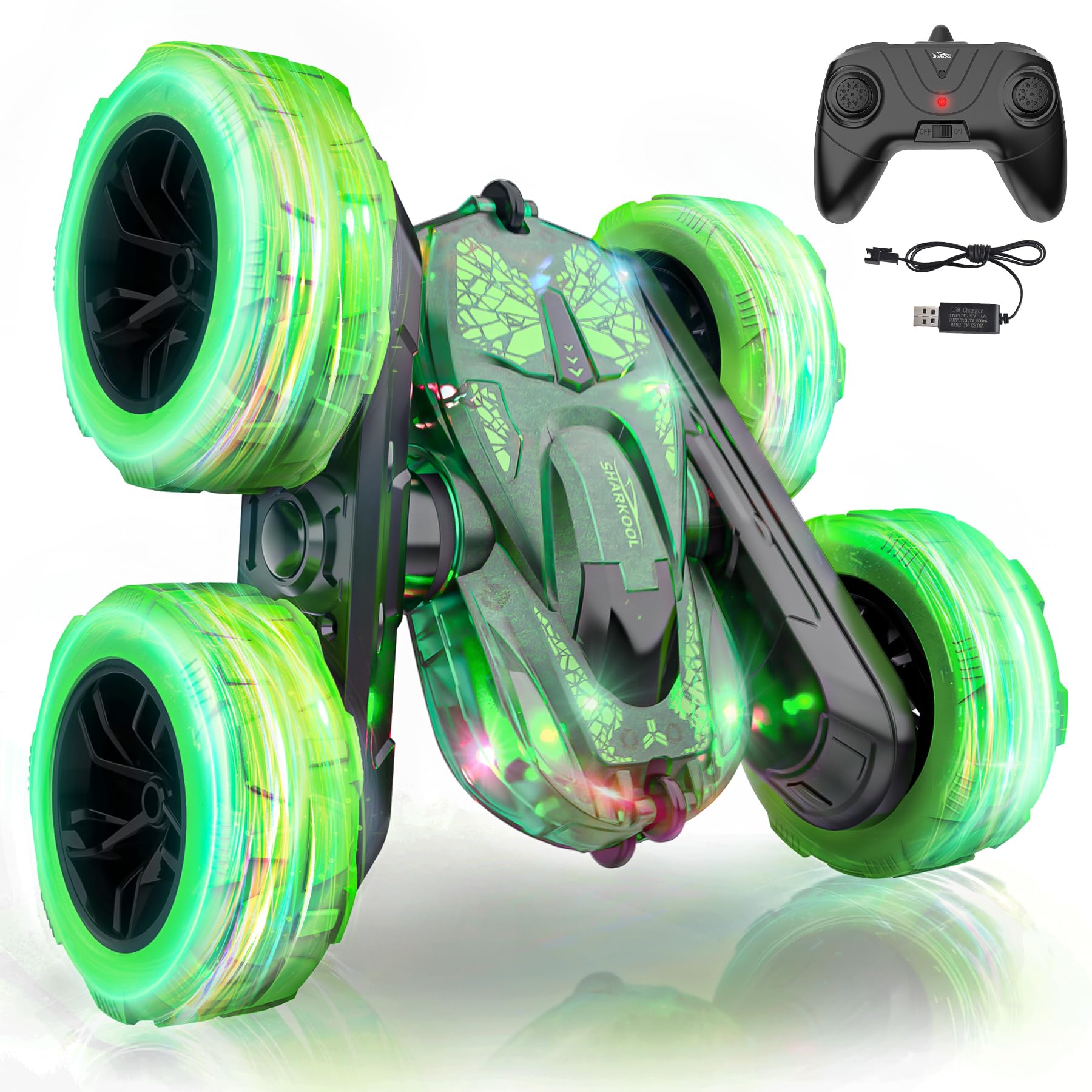 2.4Ghz Remote Control Car for Kids - LED RC Stunt Car with Flashing Lights, Off-Road Toy Gift for Boys Ages 3-8, Perfect for Indoor & Outdoor Play, Birthday & Christmas Presents