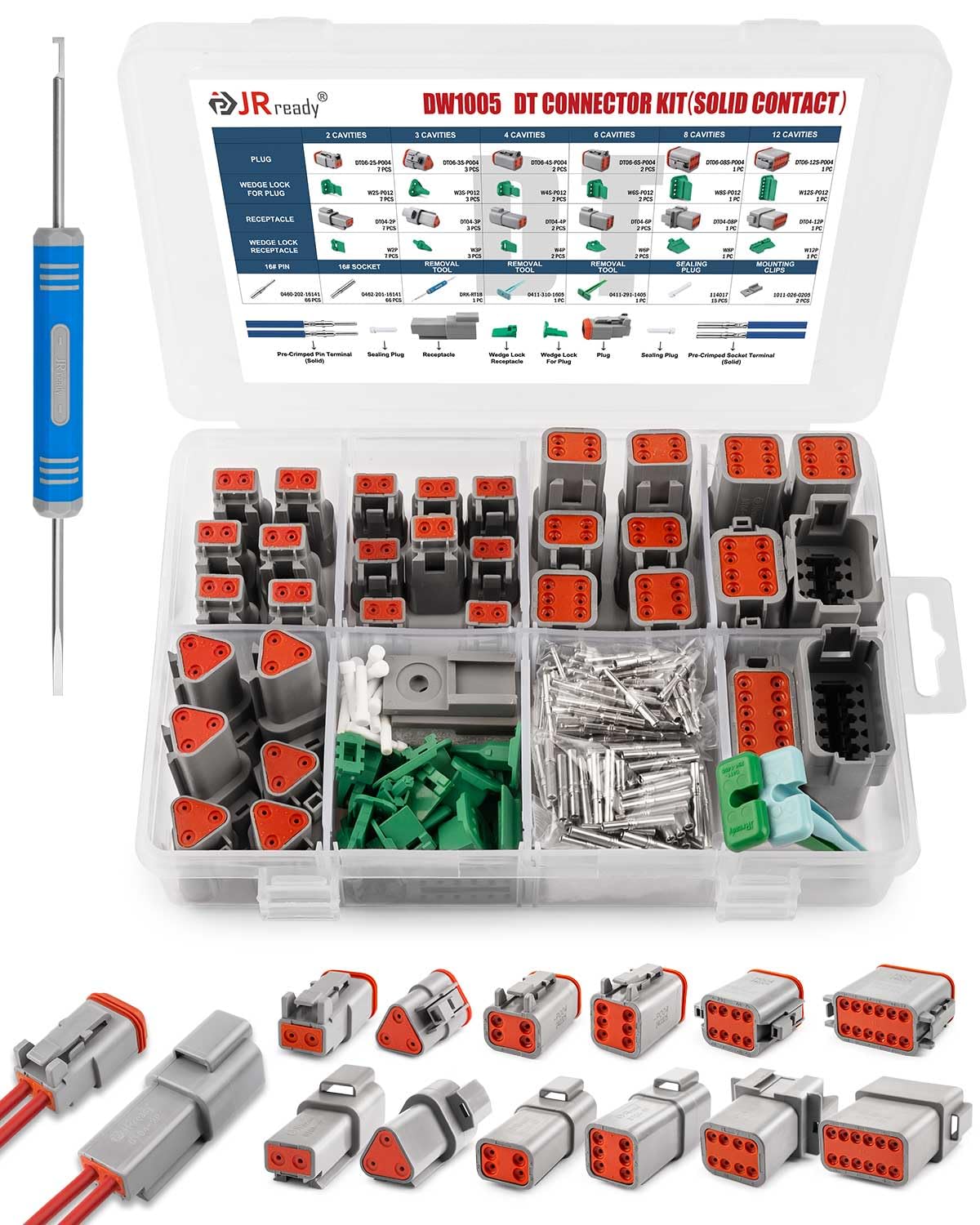 JRready DW1005 Deutsch Connector Kit - 2/3/4/6/8/12 Pin Waterproof DT Connectors with 16AWG Solid Contacts & Sealing Plugs for Automotive, Truck, Motorcycle, Marine & Boat Wiring - Ideal for Harsh Weather & Off-Road Applications