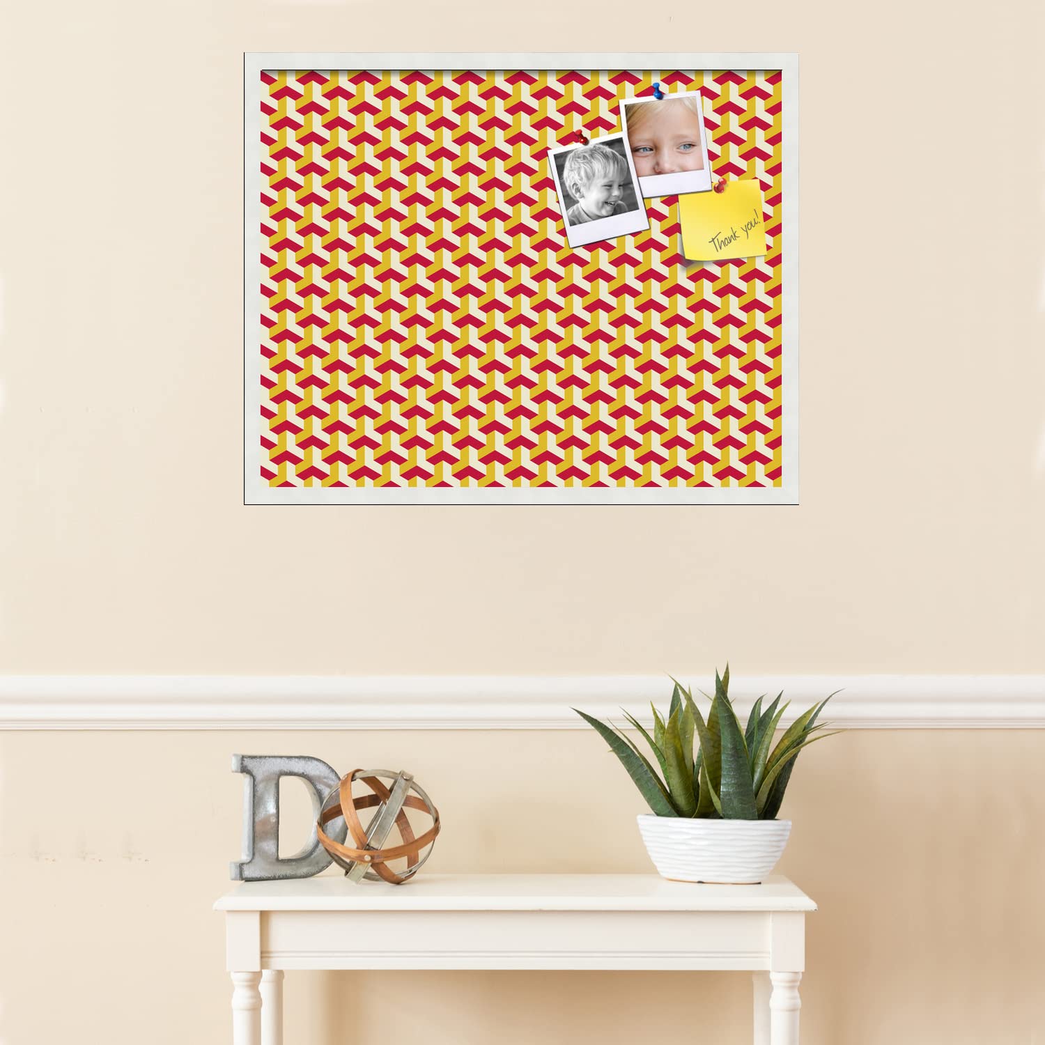 PinPix 30x24 Inch Cork Bulletin Board with BAUS Red Gold Design - Decorative Framed Pin Board with Satin White Frame - Perfect for Home Office Decor, School Classroom, Dorm Room Organization & Wall Memo Display (PinPix-1533)