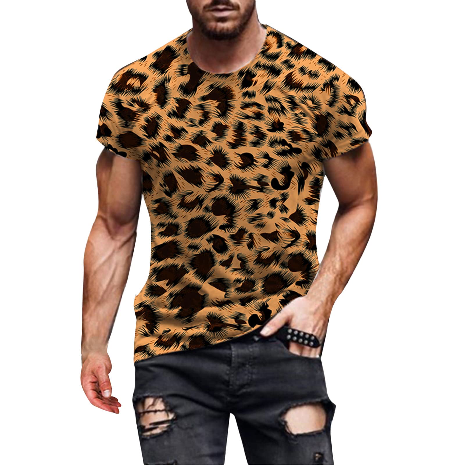 Men's Leopard Print Slim Fit Short Sleeve T-Shirt - Casual Fashion Tee for Summer, Lightweight Breathable Cotton Top - Perfect for Streetwear, Parties & Everyday Wear (Khaki)