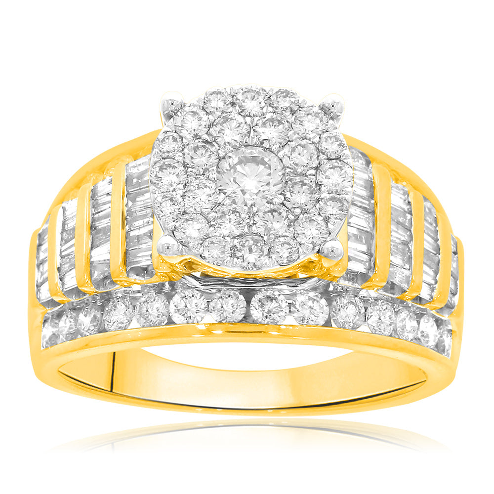 9ct Yellow Gold 2 Carat Diamond Ring - 53 Brilliant & 44 Tapered Diamonds for Women | Elegant Engagement, Wedding & Anniversary Jewelry Gift