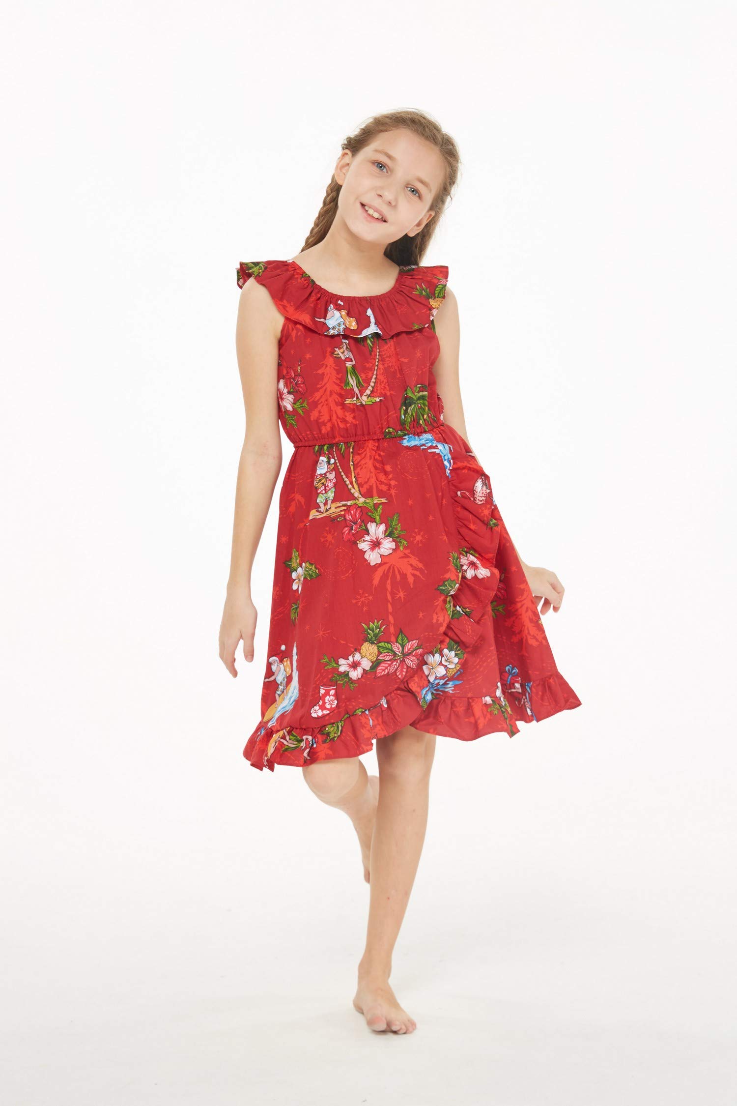 Girl's Luau Wrap Ruffle Dress - Christmas Santa in Hawaii Red - Perfect for Holiday Parties & Tropical Vacations