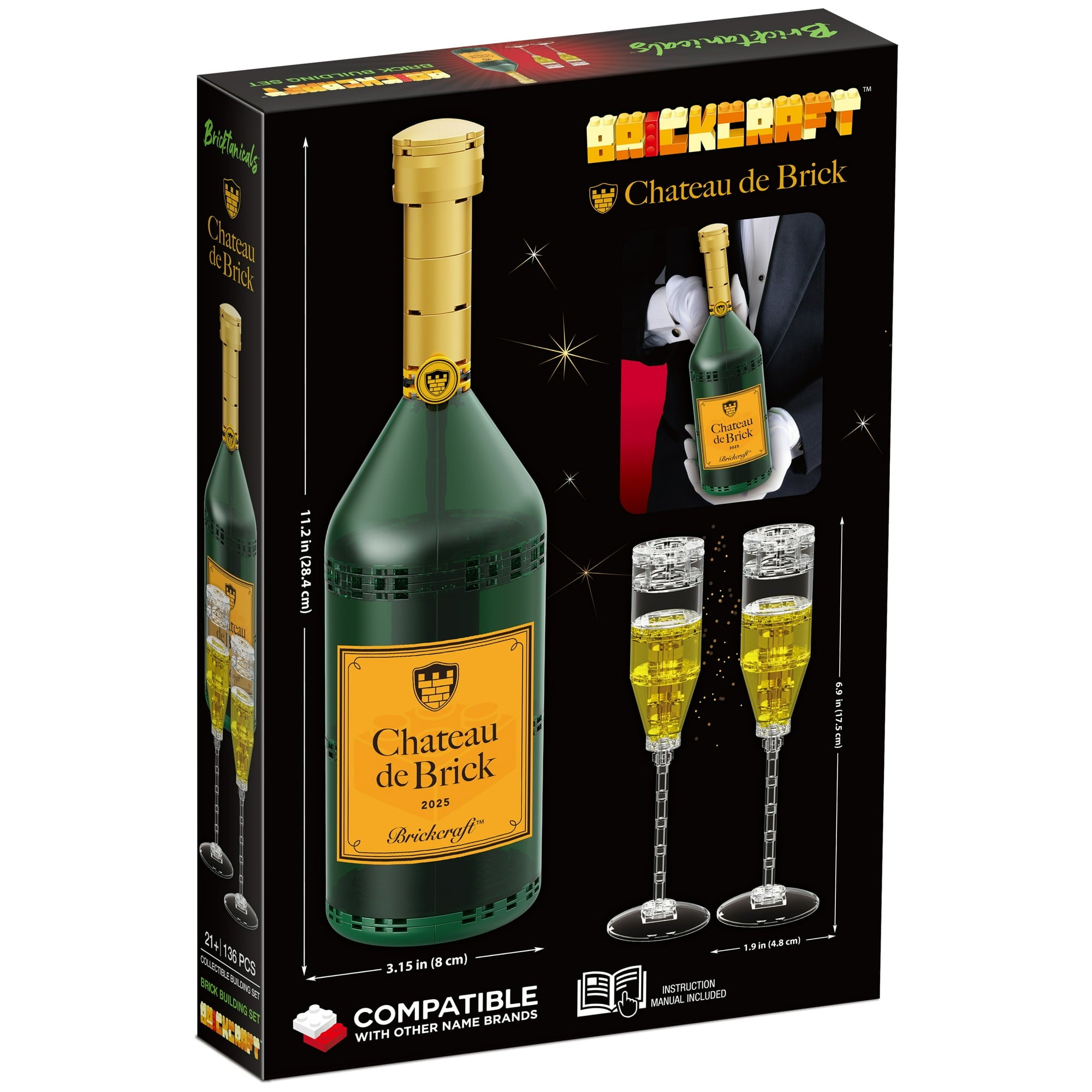 Brickcraft Chateau De Brick Bottle Brick Building Kit - 136 Plastic Piece Set, Sparkling White - Creative Construction Toy for Adults 18+ - Perfect for Home Decor, Gift Ideas & Stress Relief