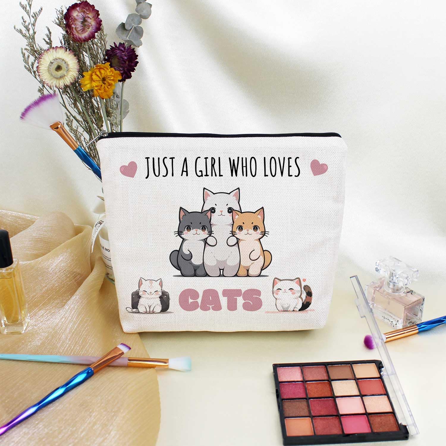 Cute Cartoon Cat Makeup Bag - Waterproof Canvas Toiletry Organizer with Zipper Pouch for Women | Perfect Cosmetic Bag Gift for Cat Lovers, Cat Moms & Birthday Presents | Great for Travel, Gym & Daily Beauty Storage