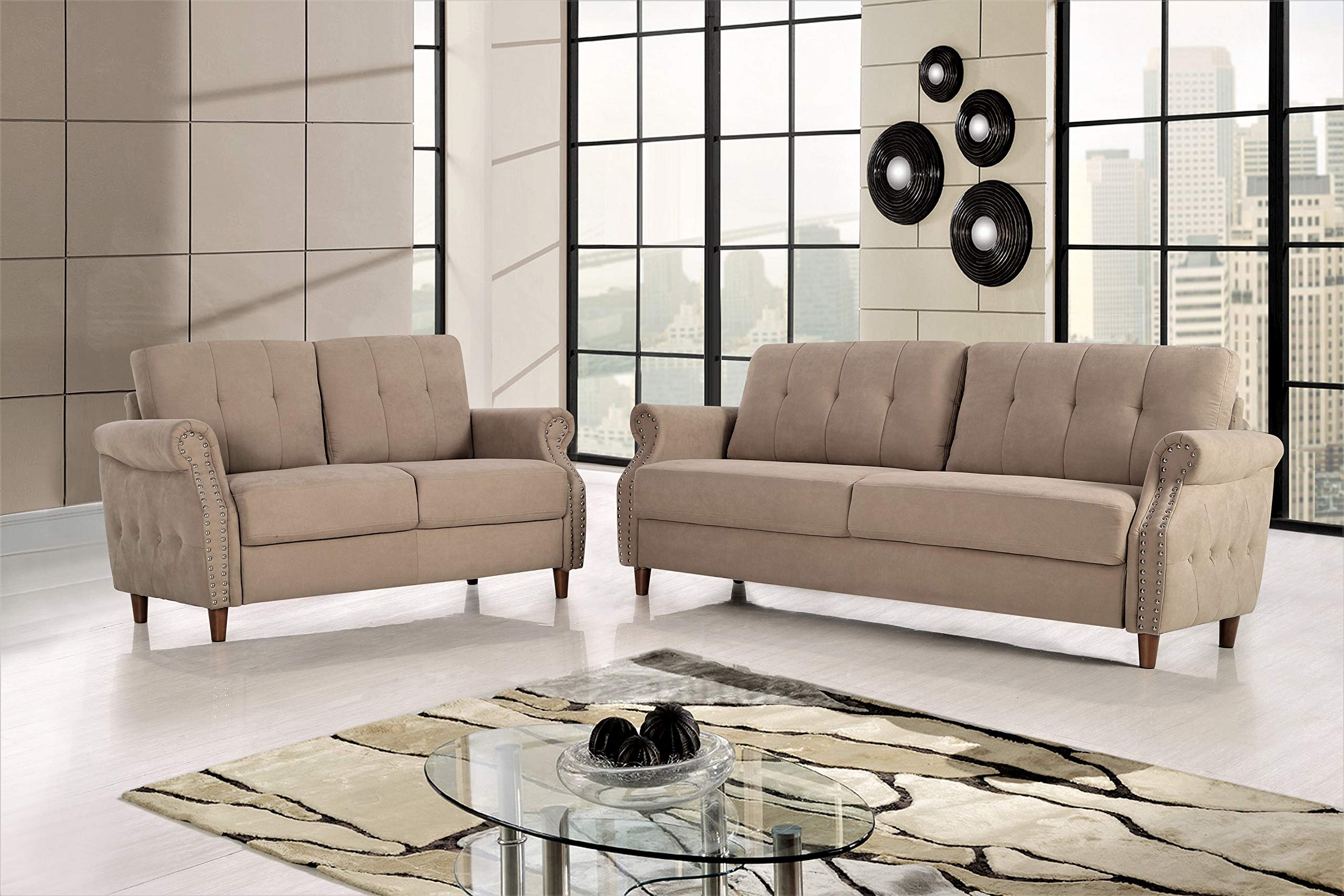 Briscoe Ultra Modern Upholstered Button Tufted Loveseat with Rolled Arms - Coffee Brown Sofa for Living Room | Perfect for Small Spaces, Apartments & Cozy Home Decor