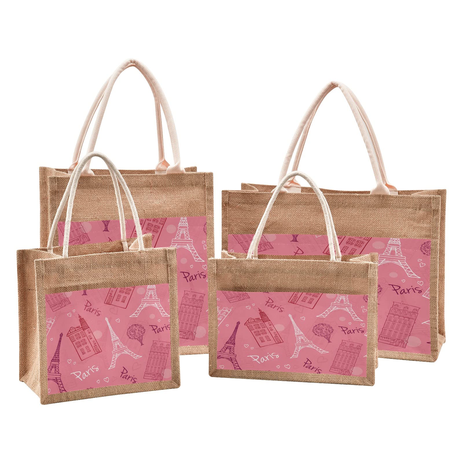 Linqin Pink Romantic Paris Jute Tote Bag - Waterproof Burlap Straw Grocery Shopping Bag with Handles for Women | Perfect for Travel, Beach, Picnic & Daily Use
