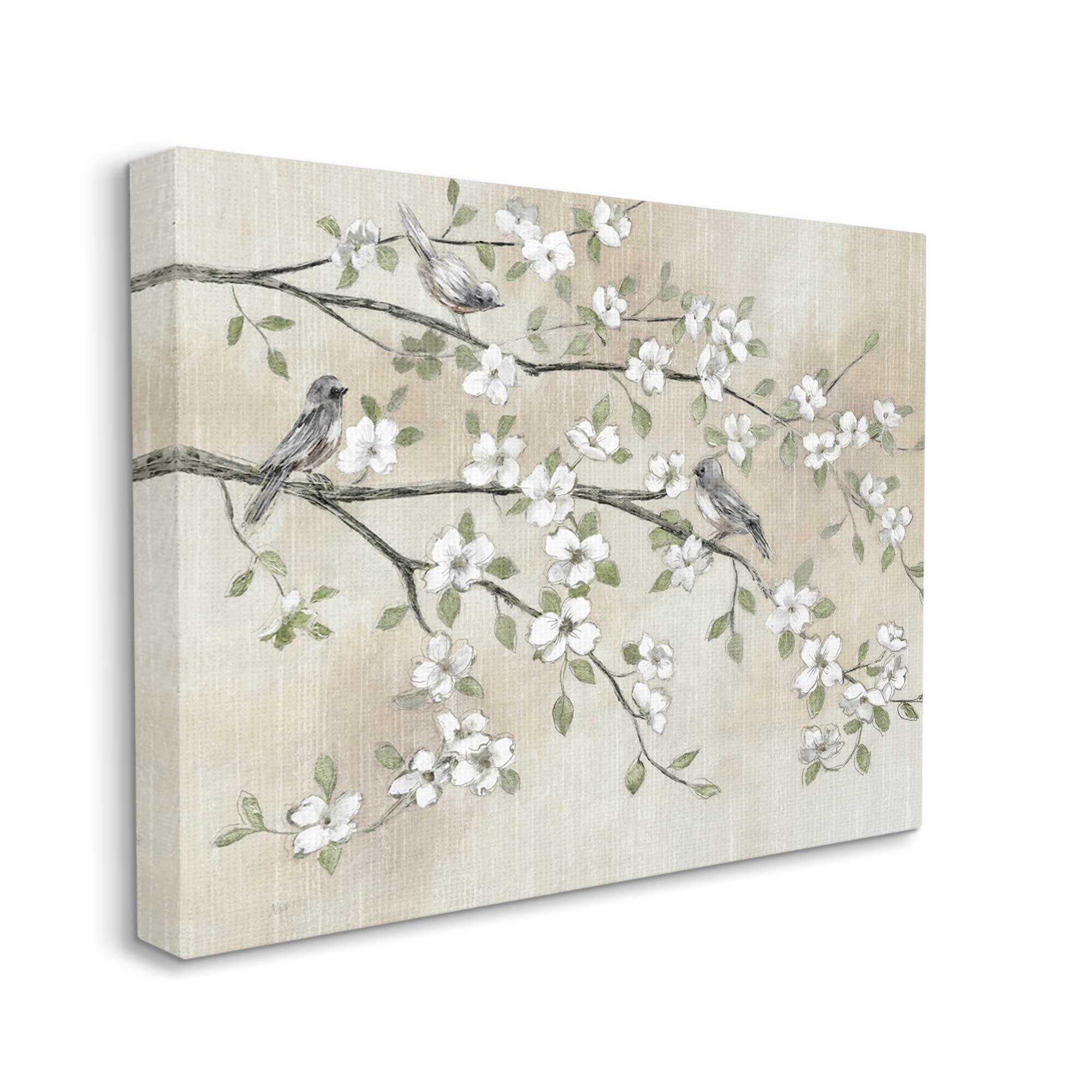 Stupell Industries Traditional White Cherry Blossom Birds Branches Wall Art Painting - Handcrafted Floral Canvas Print by Artist Nan - Perfect for Living Room, Bedroom & Office Decor