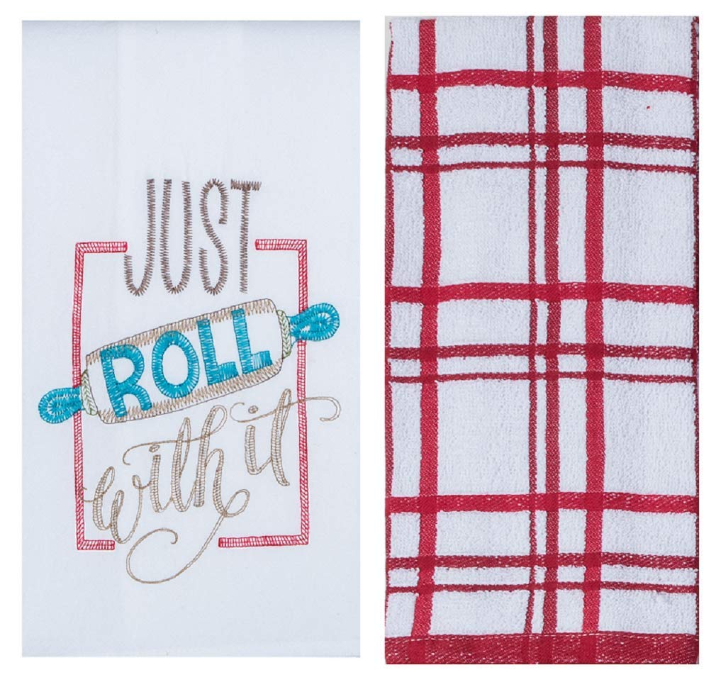 Kay Dee Designs 2-Piece Just Roll With It Kitchen Towel Set - Embroidered Flour Sack & Cinnabar Windowpane Terry Towels for Cooking, Baking & Kitchen Decor