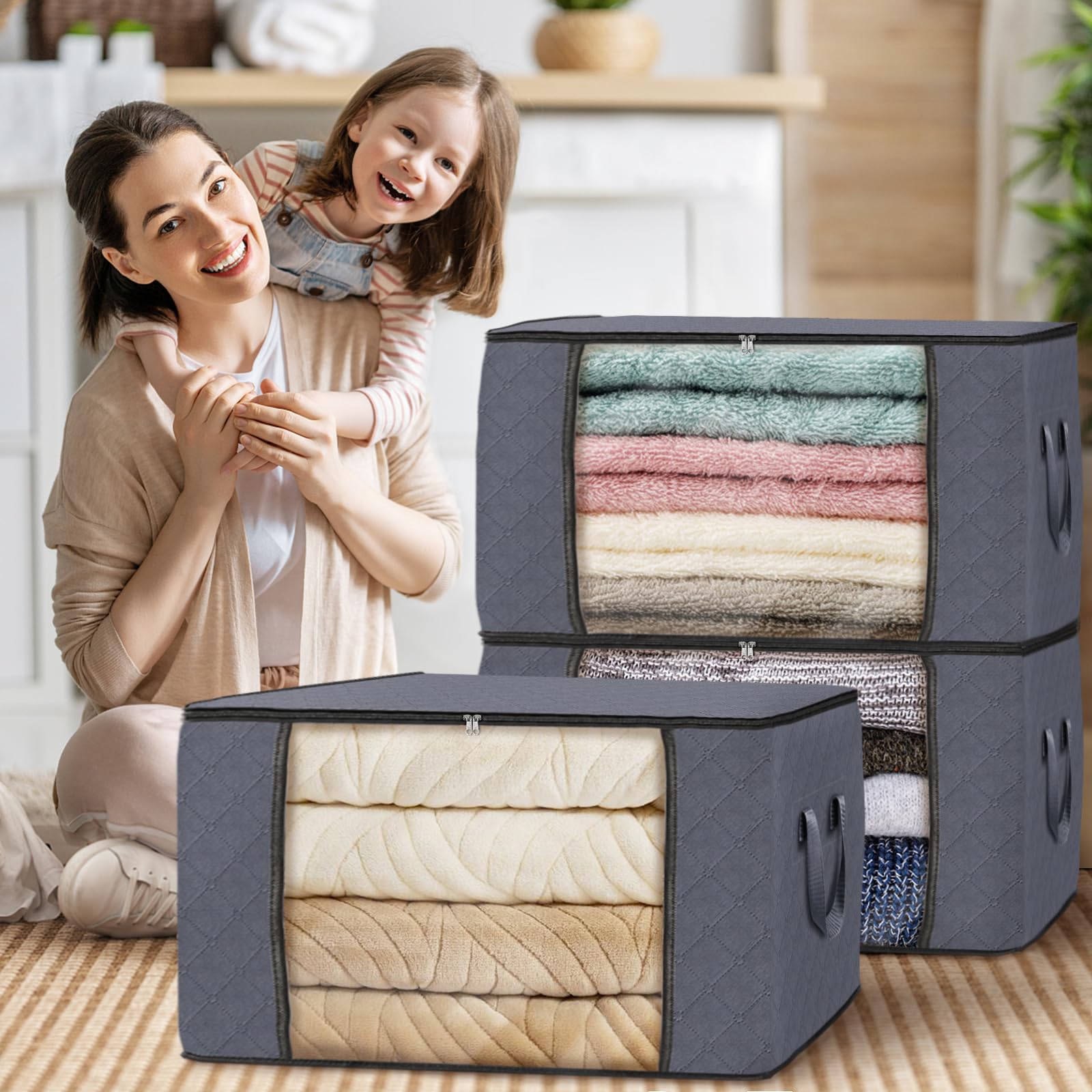 2-Pack Stackable Storage Bins with Lids - Grey Totes for Closet & Bedroom Organization