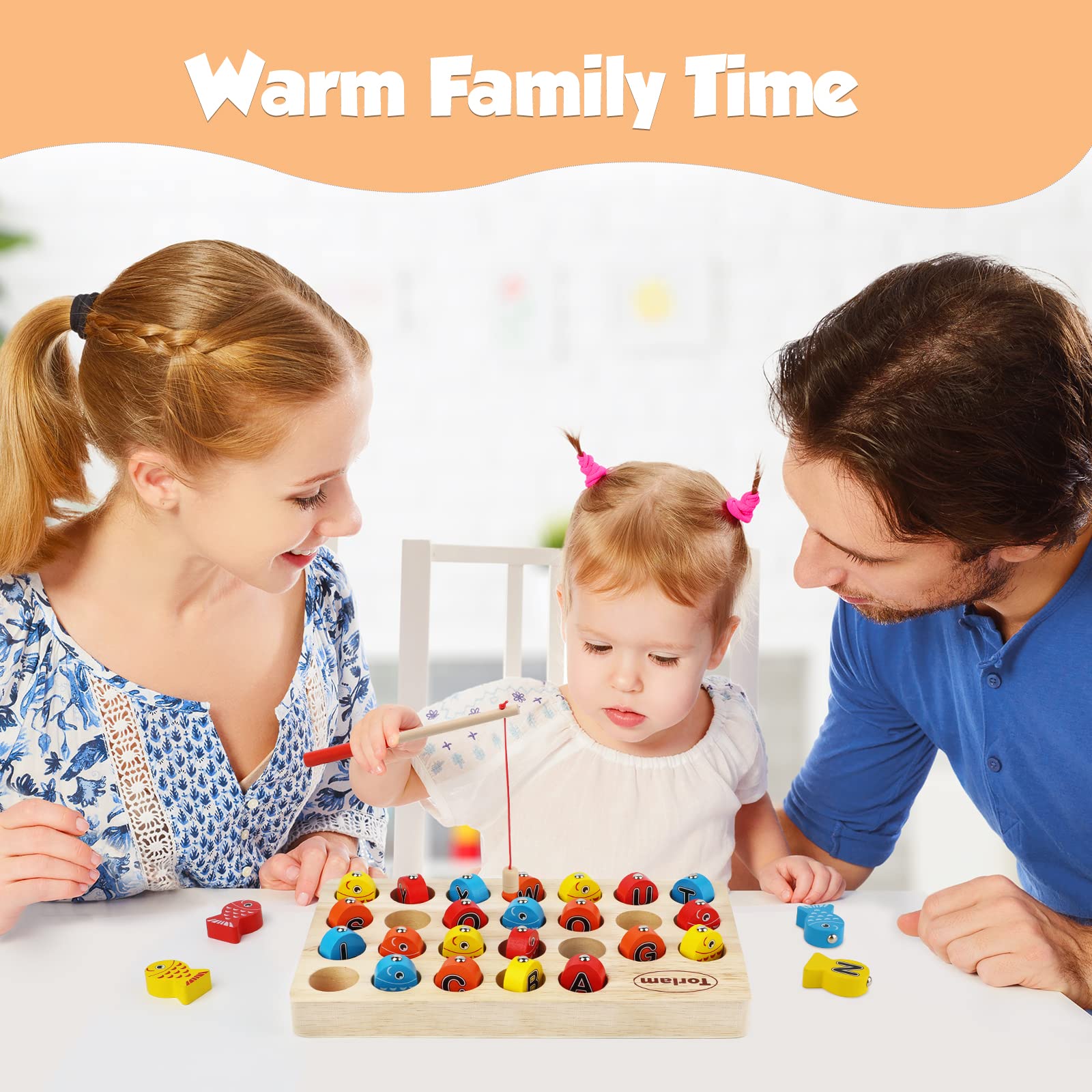 Torlam Magnetic Wooden Fishing Game Toy for Toddlers - ABC Alphabet Learning, Fine Motor Skills Development, Montessori Letters Cognition with 2 Poles & 8 Activity Cards - Perfect for Preschool Learning & Family Game Night