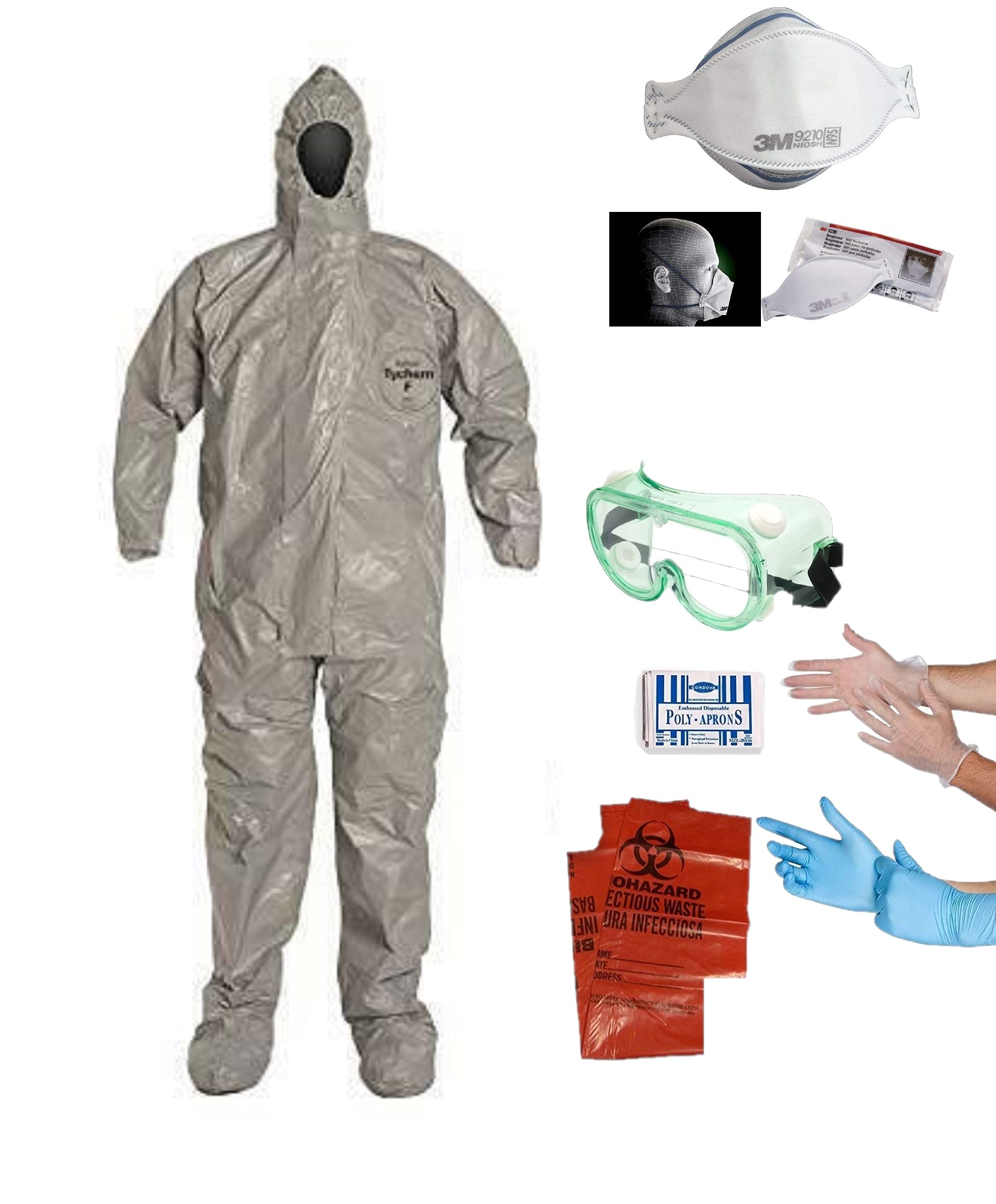 DuPont PPE Multipurpose Cleanup Kit - Tychem F 6000 Coverall XL-3XL, Face Mask, Safety Goggles, Apron, Blue Nitrile Gloves & Clear Vinyl Gloves, Biohazard Disposal Bag (X-Large) - Ideal for Chemical Spills, Lab Safety & Industrial Cleaning