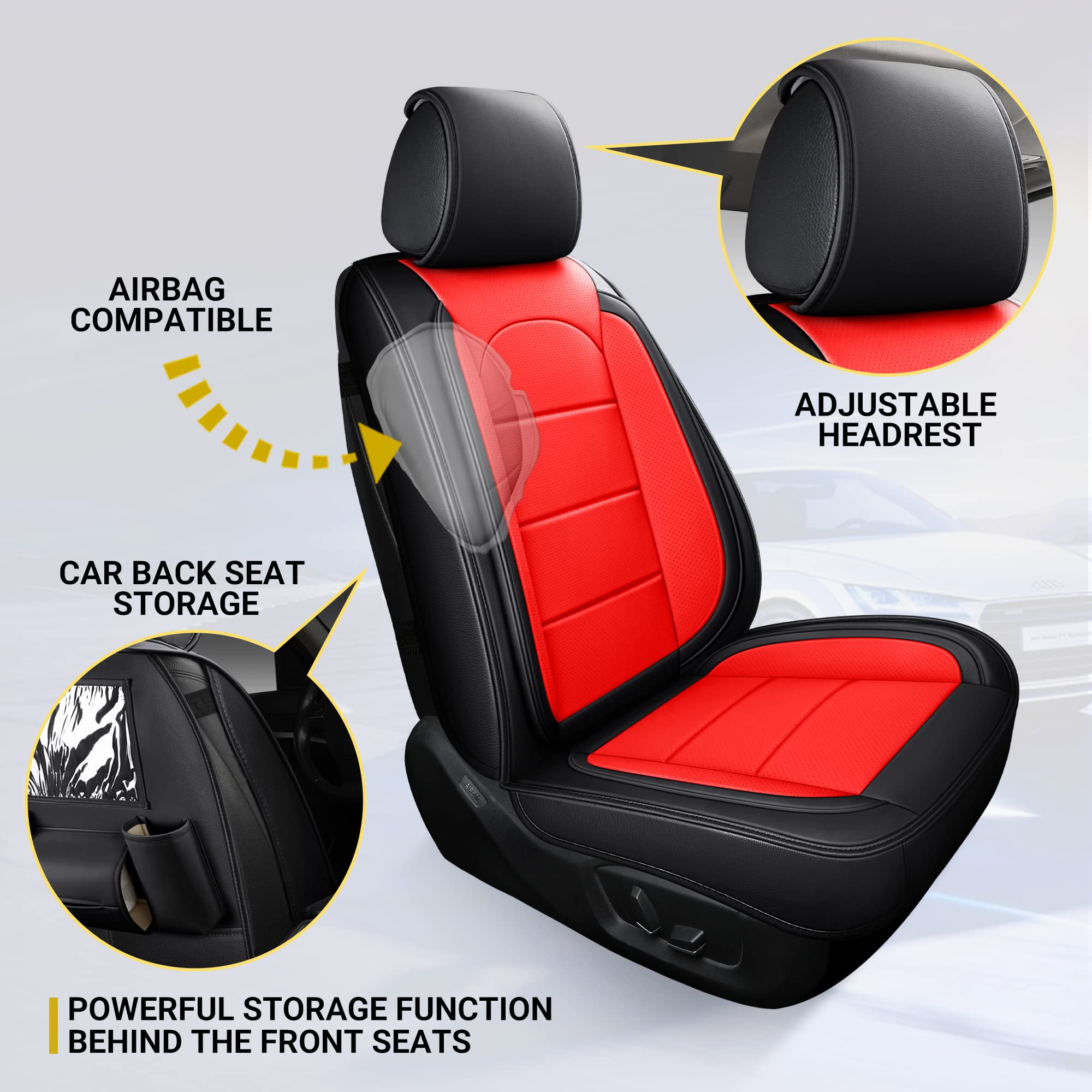 Premium AOOG Leather Car Seat Covers with Backseat Organizer - Universal Fit for Sedan, SUV & Pickup Trucks (Front Pair, Black & Red) - Perfect for Road Trips, Commuting & Family Travel