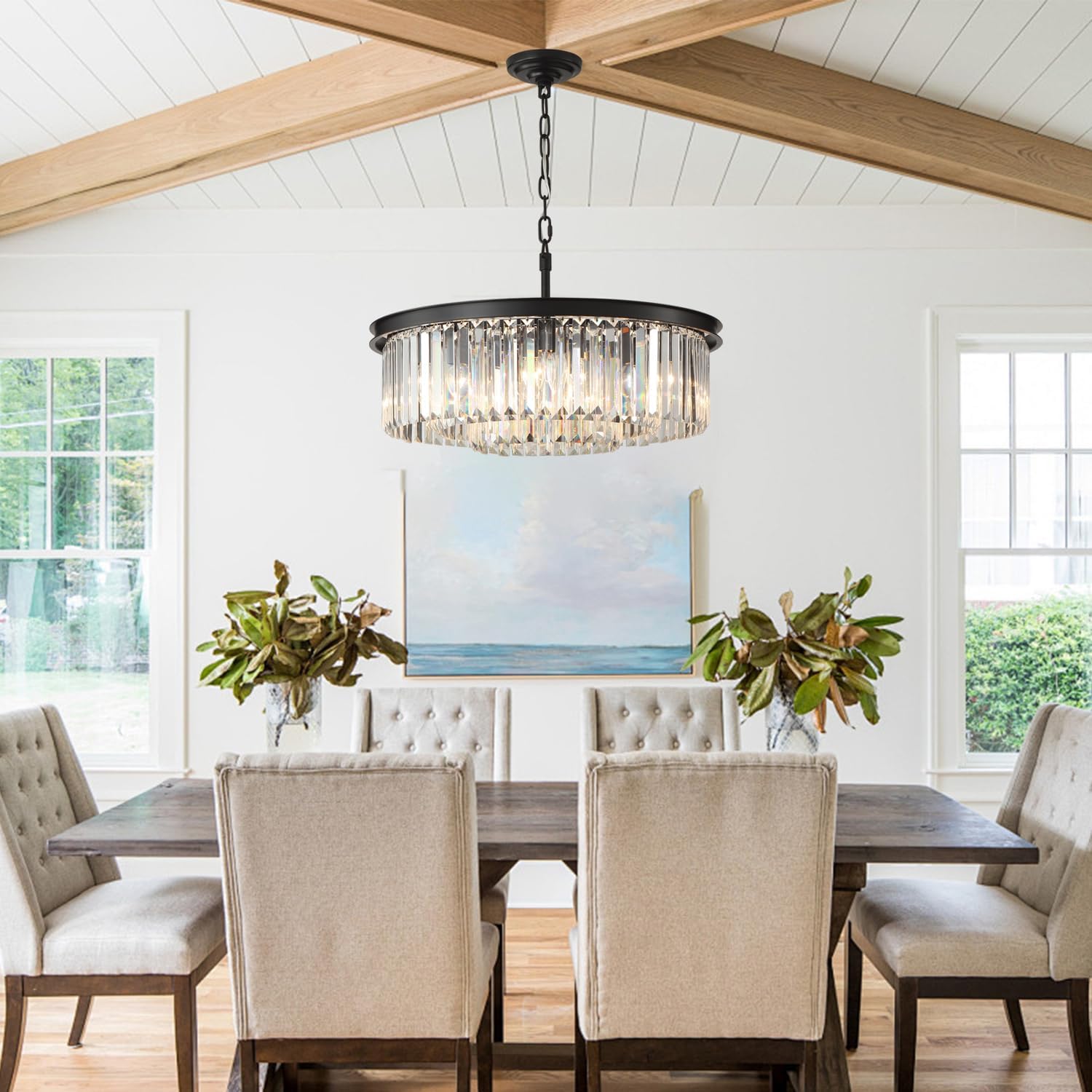 9-Light Modern Chandelier - Adjustable Height Black Metal Pendant Lighting Fixture (24