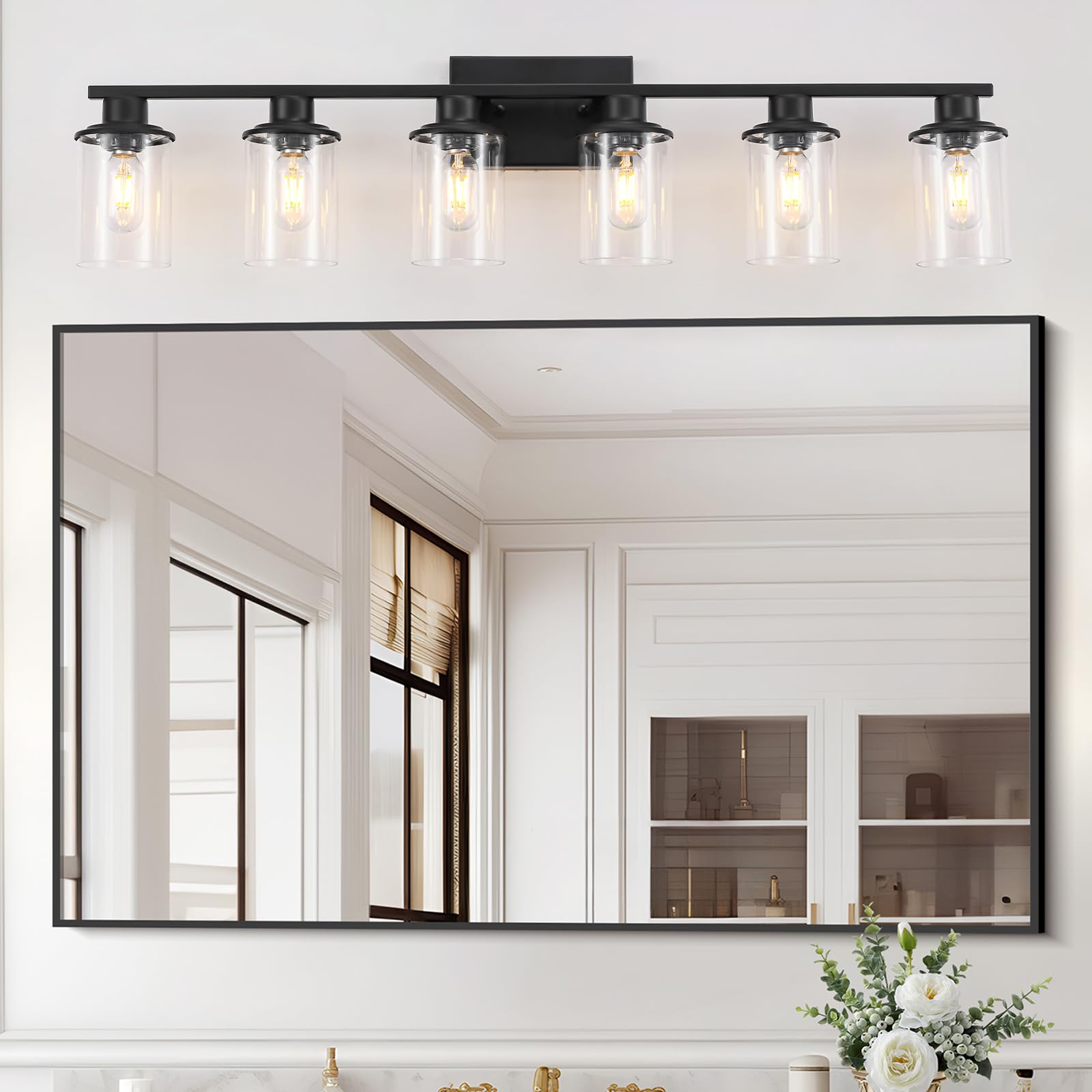 LOUSACE 6-Light Modern Bathroom Vanity Light Fixture - Matte Black Wall Sconce with Clear Glass Shade - Perfect for Bathroom Mirror Lighting, Bedroom & Living Room Décor - Ideal for Home Renovation and Interior Design Projects
