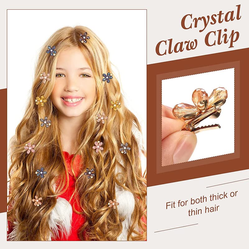 12PCS Crystal Flower Hair Clips with Pearls - Small Alligator Hairpins for Women & Girls - Elegant Bling Hair Accessories for Weddings, Parties & Daily Wear