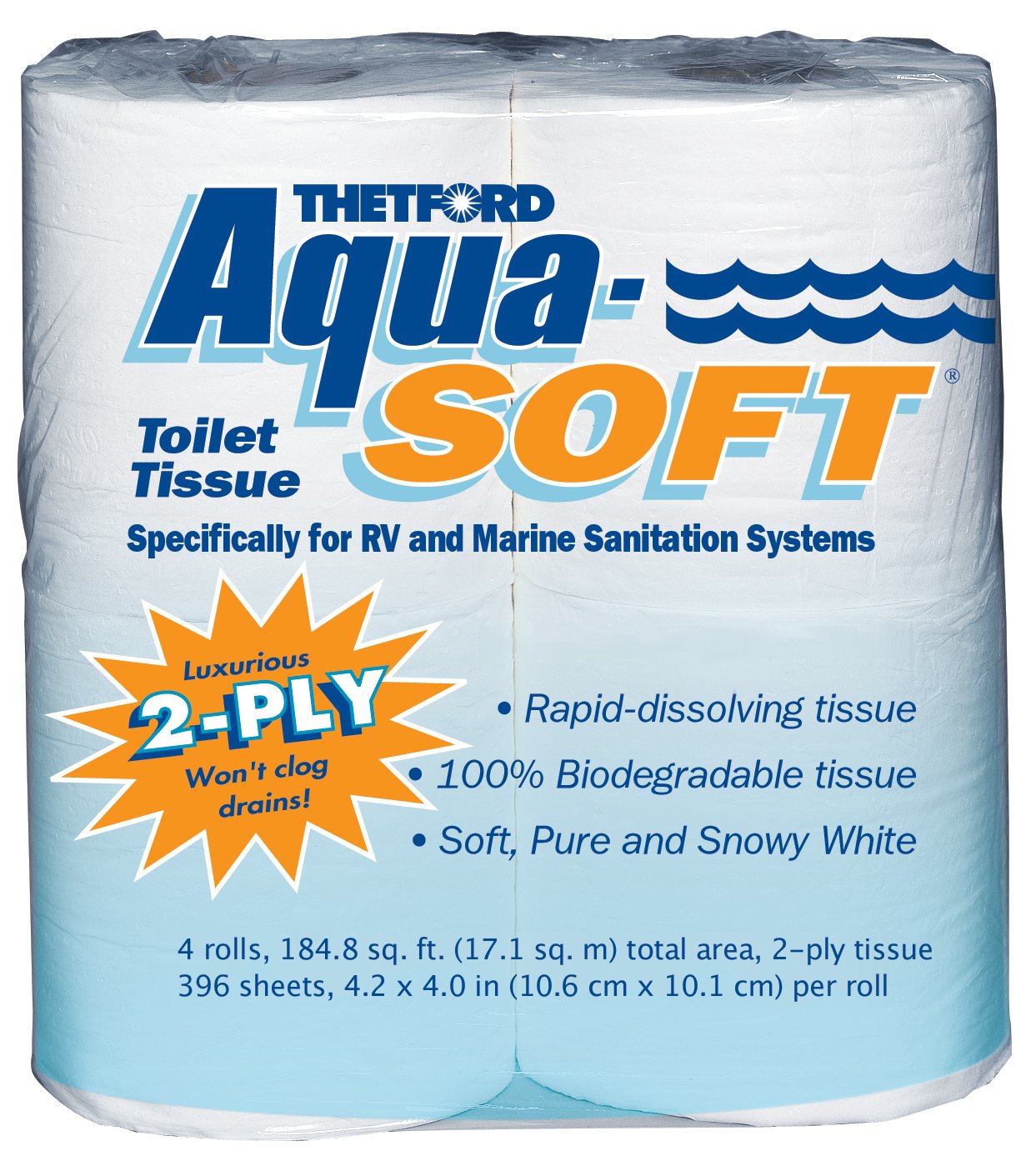 Aqua-Soft Toilet Tissue - 2-Ply RV & Marine Toilet Paper - Septic Safe, Biodegradable - Thetford 03300 (4 Rolls, White) - Perfect for Camping, Boating & RV Travel