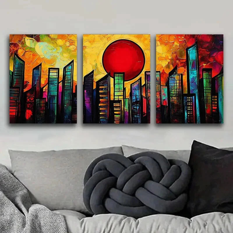 3-Piece Abstract Cityscape Wall Art Set - Dark Color Canvas Framed Paintings 40x60cm | High Quality Print | Ready to Hang | Australian Made | Perfect for Living Room, Bedroom & Office Decor