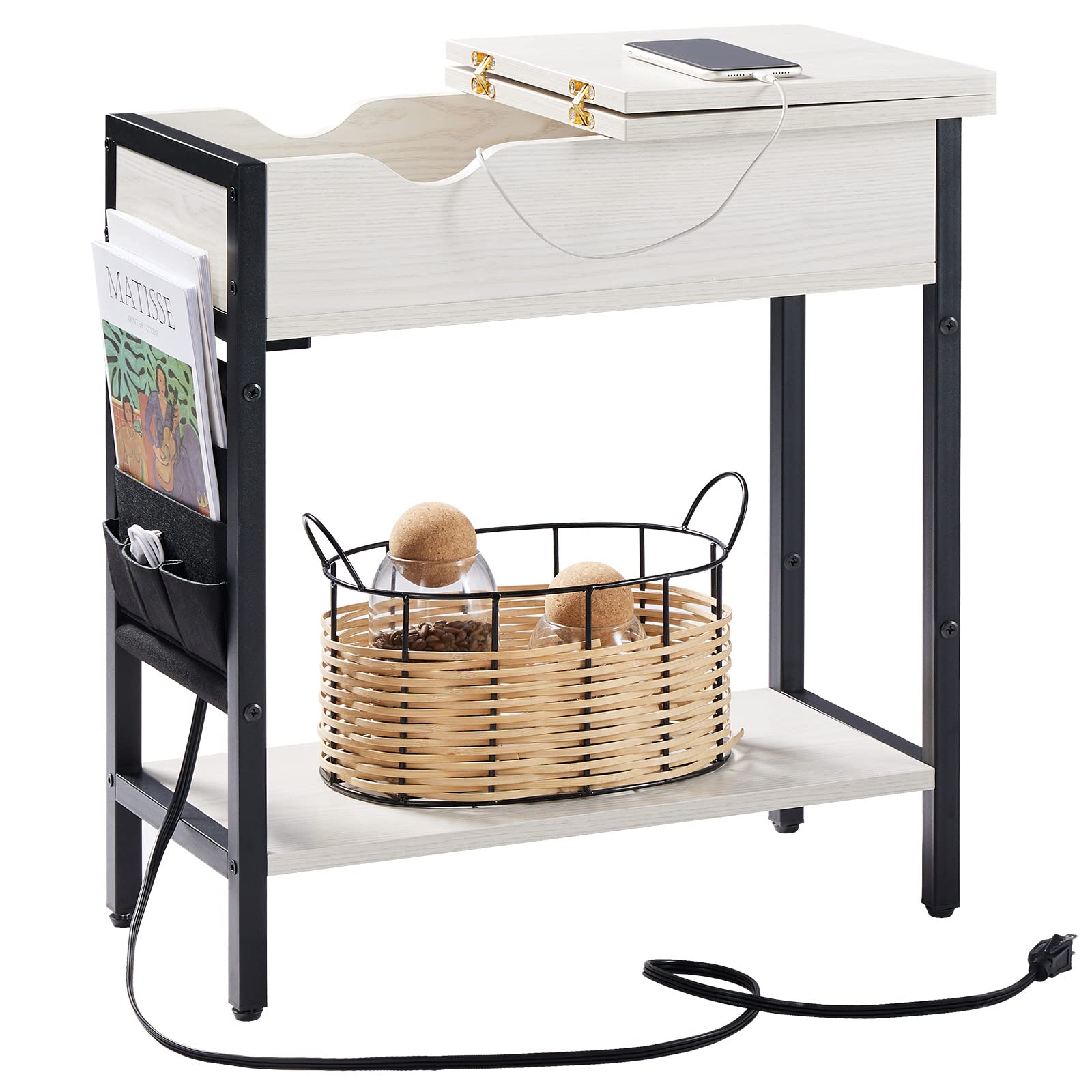 Apicizon Modern End Table with USB Ports & Power Outlets - Charging Station Nightstand, Narrow Flip Top Side Table with Storage Space & Black Bag - Perfect for Living Room, Bedroom & Small Spaces (Greige) - Ideal for Phone Charging, Remote Storage & Bedside Organization