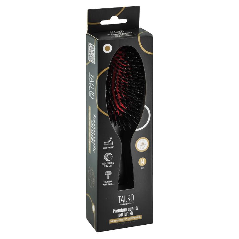 Tauro Pro Line Hair Brush - Beech Wood Handle with 0.6 Inch Boar Bristles & Nylon Teeth - Black Oval Hairbrush for Smoothing, Detangling & Styling - Perfect for Home, Salon & Travel Use