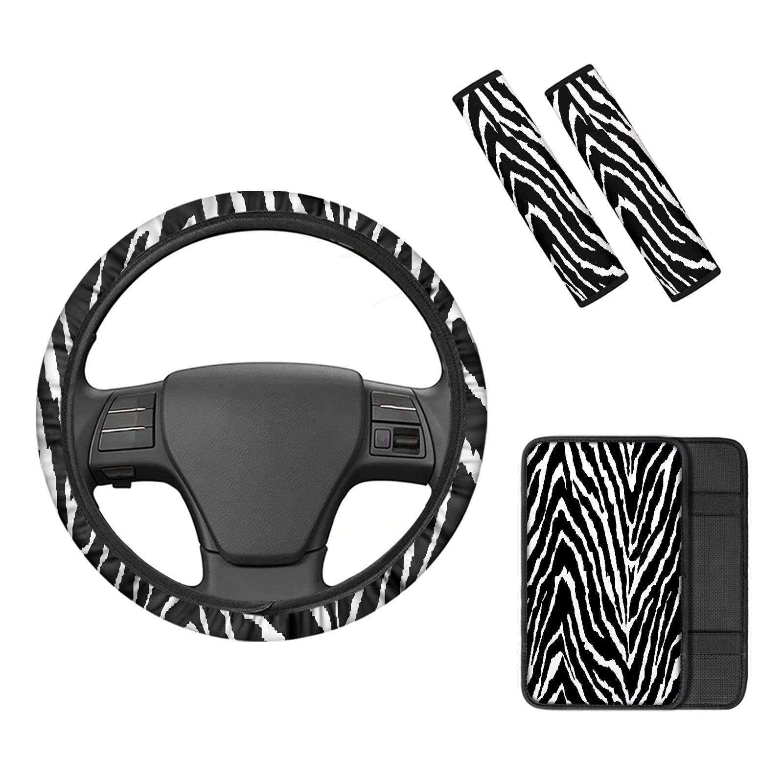 Zebra Print Car Steering Wheel Cover Set with Center Console Armrest Cover & Seat Belt Shoulder Pads - 4 Piece Car Interior Accessories for Women | Comfort & Style for Daily Commute & Road Trips