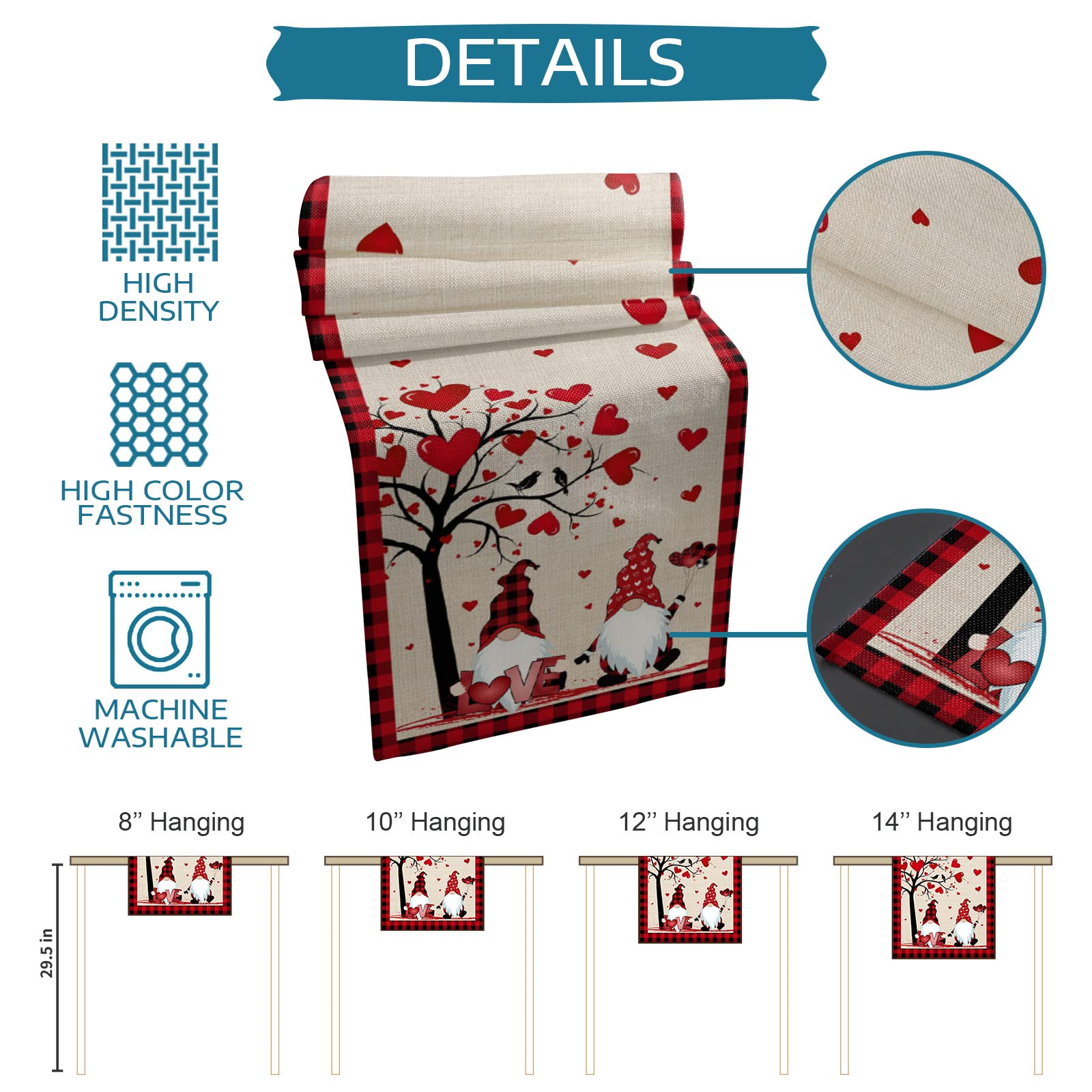 Valentine's Day Table Runner 120 Inches Long - Red and Black Buffalo Plaid with Love Tree & Gnome Design - Perfect for Kitchen, Coffee Table, Party & Home Decor (13x120 in) - Ideal for Valentine's Day Celebrations, Romantic Dinners & Holiday Gatherings