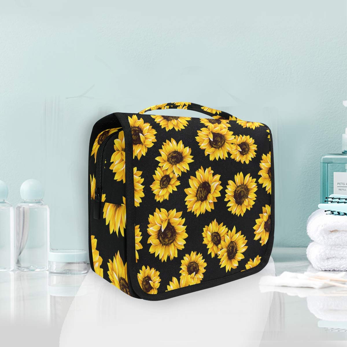 Sunflower Black Floral Hanging Toiletry Bag - Large Waterproof Cosmetic Organizer Pouch for Women & Girls | Travel, Gym, Makeup Storage & Daily Essentials