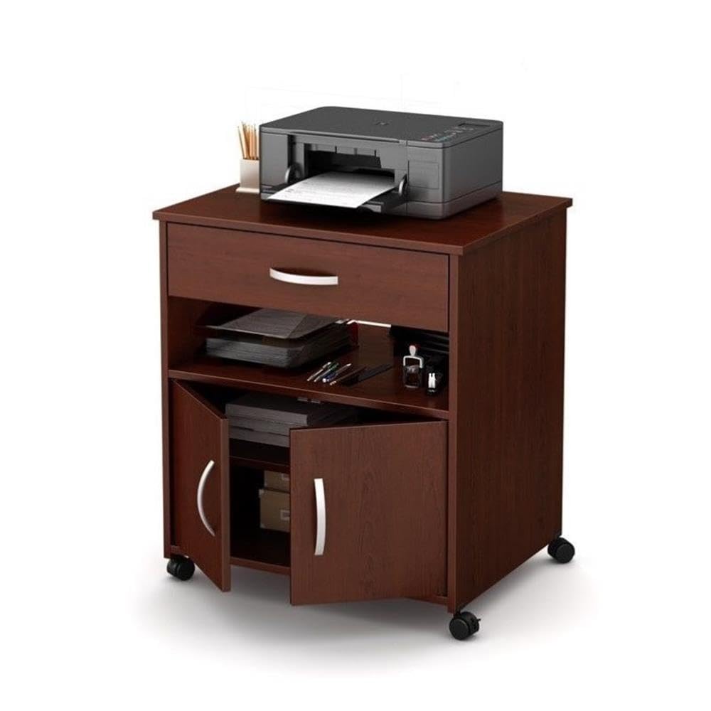 UrbanPro Mobile Printer Stand with Drawer & Doors - Home Office Organizer & Kitchen Microwave Cart with Storage Cabinets - Brown Wooden Rolling Cart for Small Spaces & Dorm Rooms