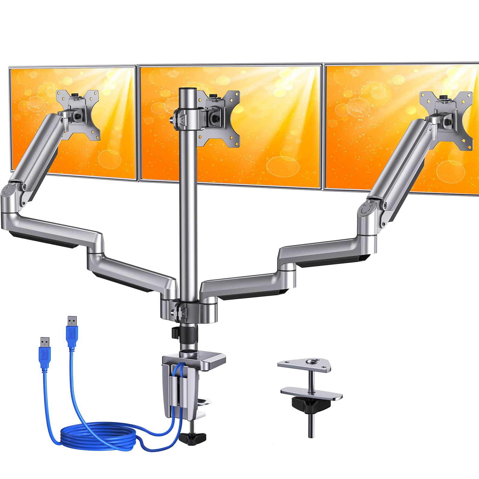 ErGear Triple Monitor Stand Mount - Fully Adjustable Gas Spring Monitor Arm with USB Ports for 3 Screens, Holds 27