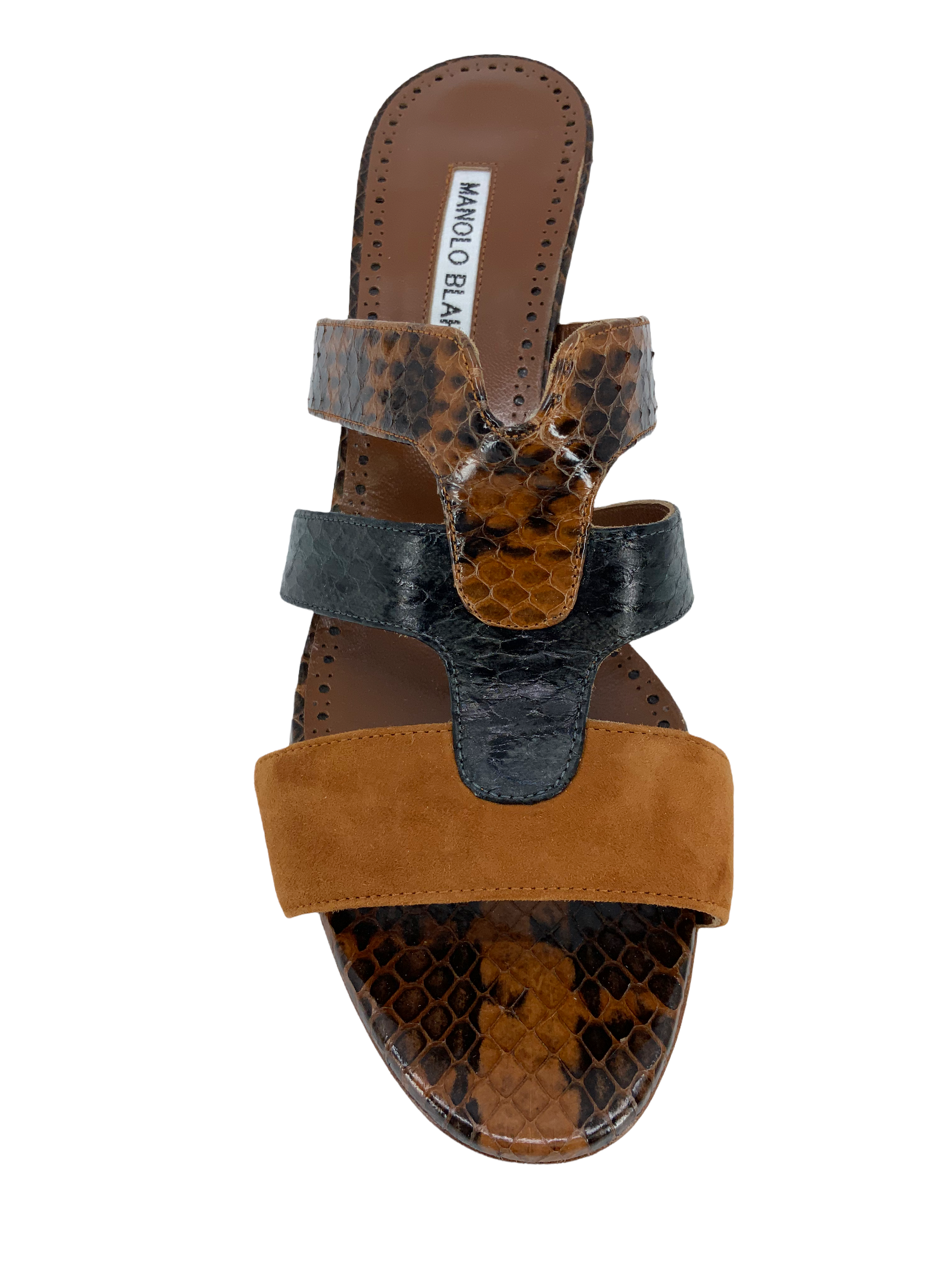 Manolo Blahnik Pennina Brown Suede & Snakeskin Mules - Women's Size 9 Luxury Designer Slides | Perfect for Evening Parties, Weddings & Special Occasions