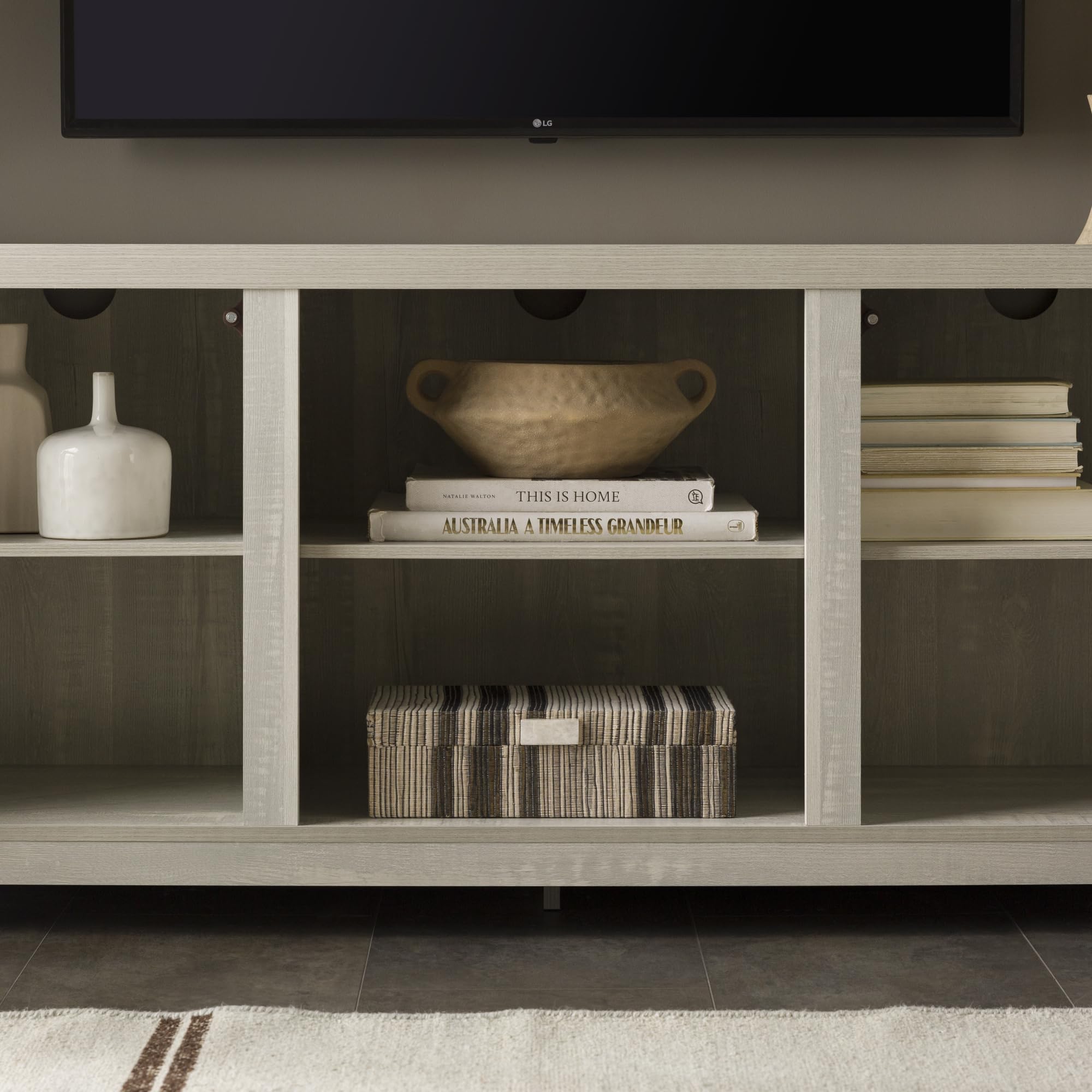 Walker Edison Wesley Modern Farmhouse 65 Inch TV Stand with Glass Doors - Rustic Stone Grey Entertainment Center for Living Room, Bedroom & Home Theater