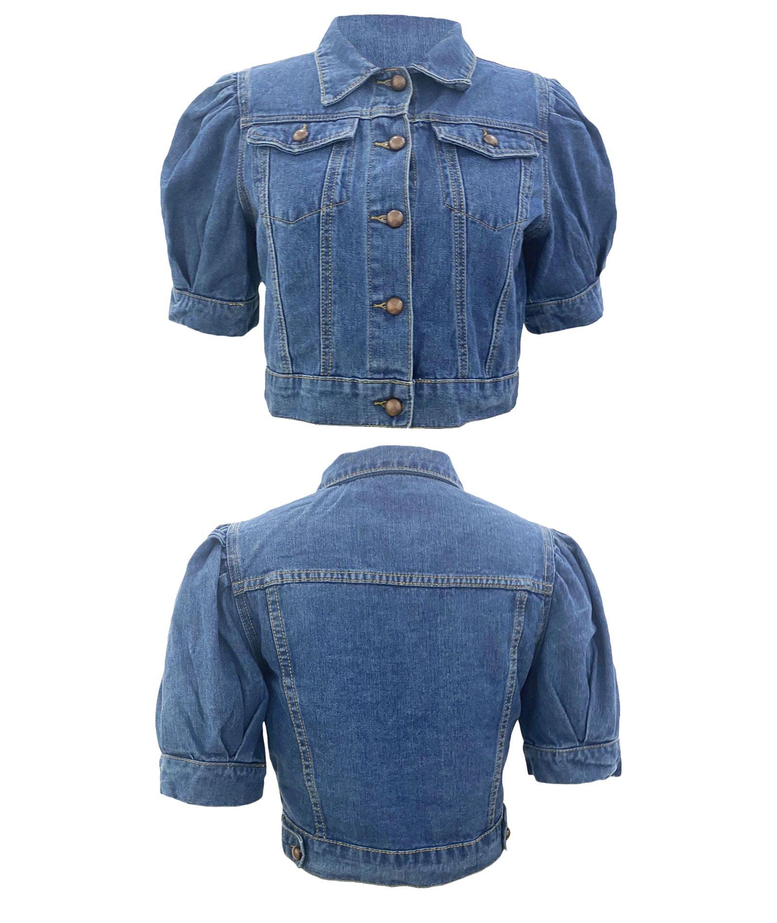 SOMTHRON Women's Cropped Denim Jacket - Short Sleeve Puff Sleeve Button Down Jean Coat - Stylish Crop Top Outerwear for Spring & Summer Fashion - Perfect for Casual Outings, Music Festivals and Streetwear Looks