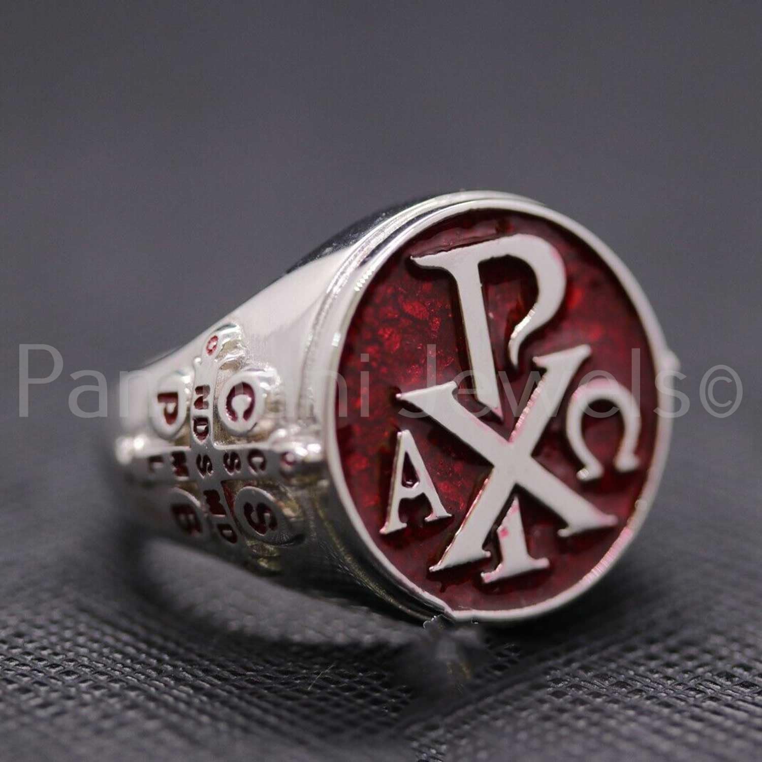 Alpha Omega Chi Rho 925 Sterling Silver Signet Ring for Men - Red Enamel Heavy Silver Ring, Religious Jewelry Gift for Boys, Christmas Present - Perfect for Weddings, Baptisms & Everyday Wear