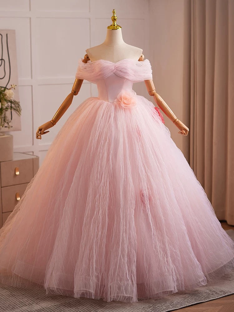 Elegant A-Line Off Shoulder Pink Tulle Long Prom Dress for Sweet 16, Quinceañera & Formal Events - Perfect for Homecoming, Ball Gowns & Special Occasions
