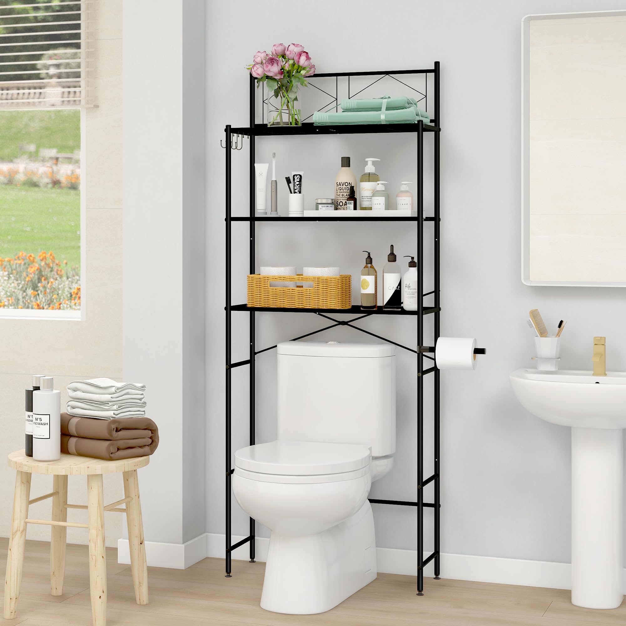 3-Tier Over The Toilet Storage Shelf Organizer - X-Shaped Bar Freestanding Bathroom Space Saver | Perfect for Small Bathrooms, Apartments & Dorm Rooms | Black
