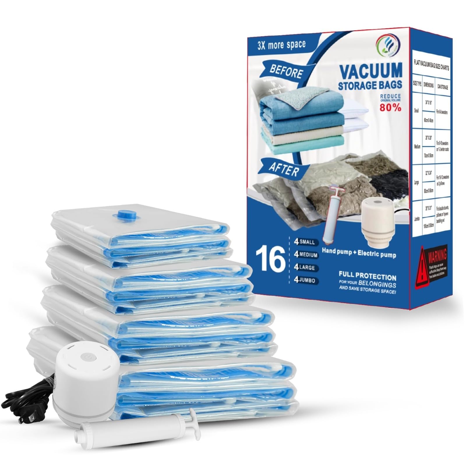 16 Pack Vacuum Storage Bags for Clothes (4 Jumbo/4 Large/4 Medium/4 Small) with Electric & Hand Pump - Space Saving Vacuum Seal Bags for Clothing, Comforters, Blankets & Bedding - Perfect for Closet Organization & Seasonal Storage