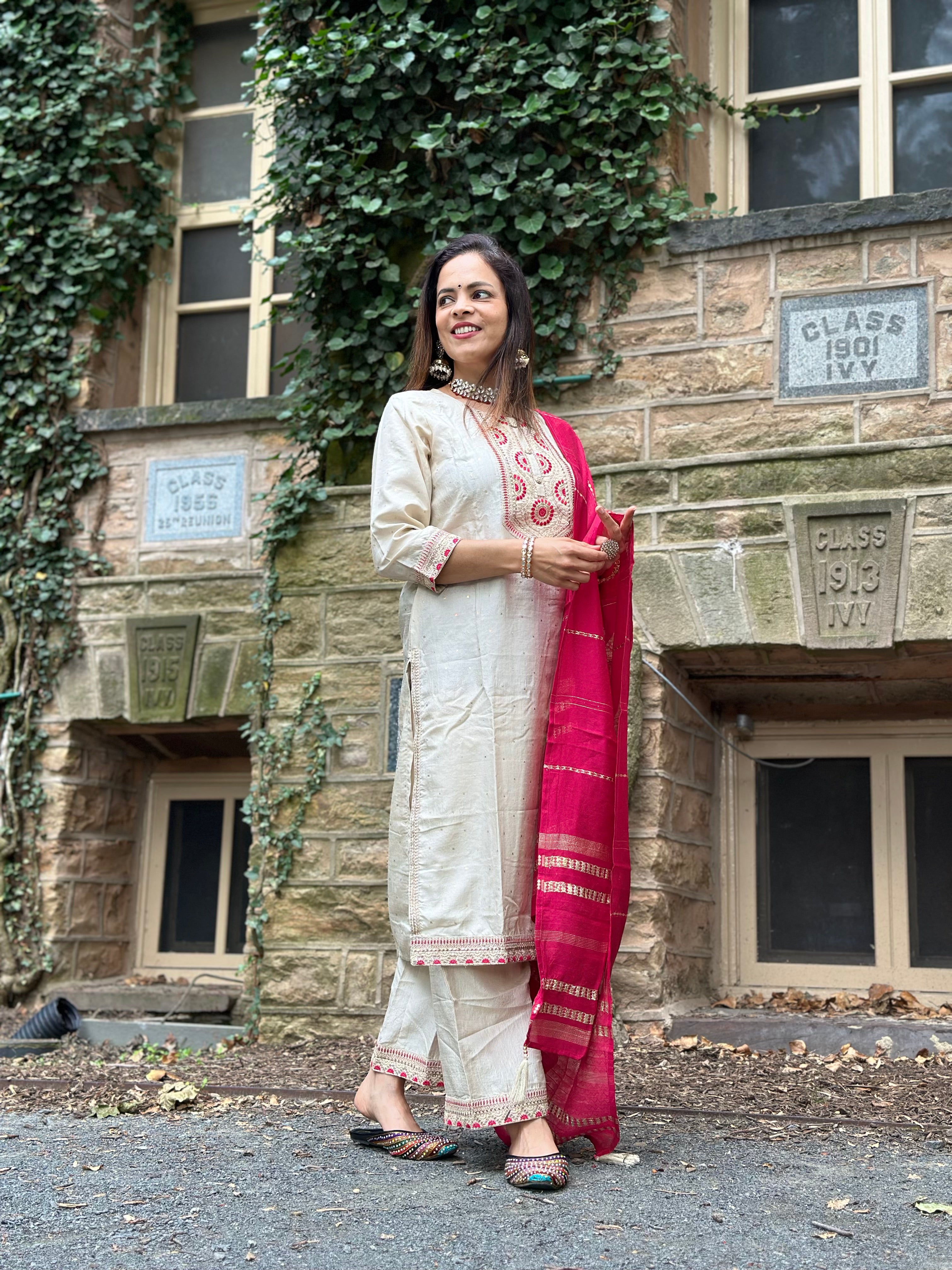 Off-White Silk Blend Party Dress Set for Women - Elegant Festive Outfit for Holiday Parties, Weddings & Special Occasions