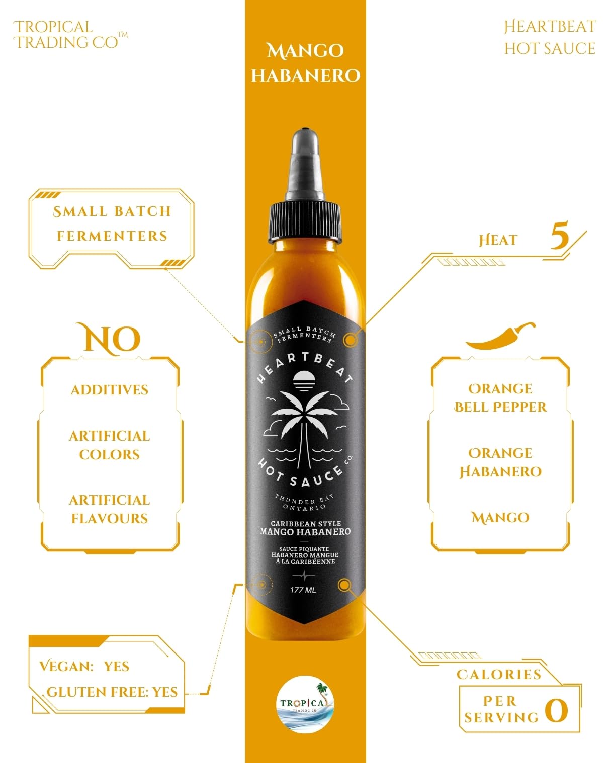Heartbeat Hot Sauce Co. | Mango Habanero Hot Sauce - 6 oz Bottle | Spicy & Sweet Flavor for Tacos, Wings & Grilling | Gluten-Free & Vegan Friendly