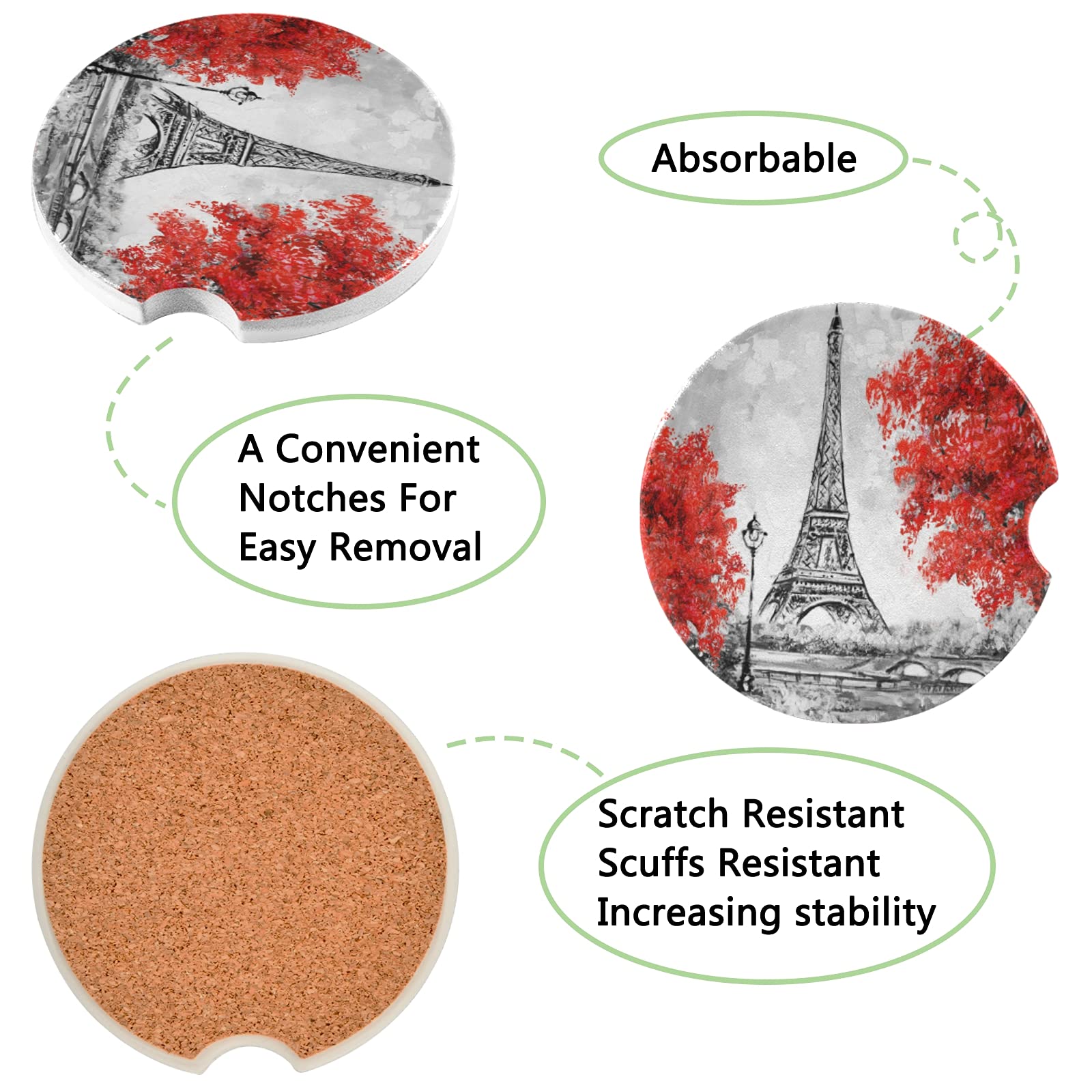 2 Pack Paris Eiffel Tower Car Coasters - Absorbent Ceramic Cup Holder for Drinks, Cute Car Accessories (2.56in) - Perfect Gift for Men & Women | Ideal for Coffee, Soda & Water Bottles in Vehicles
