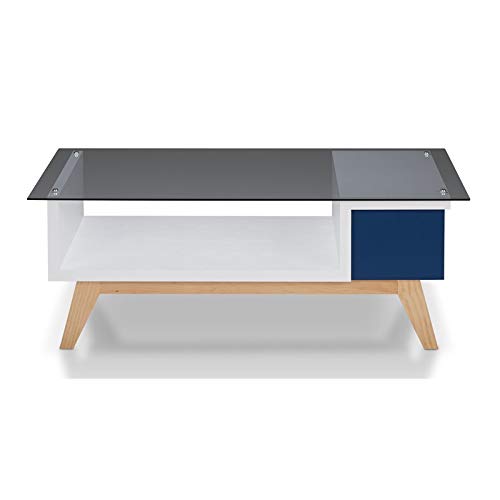 Mid-Century Modern Glass Coffee Table - Navy & Gray - Stylish Living Room Centerpiece for Home Decor