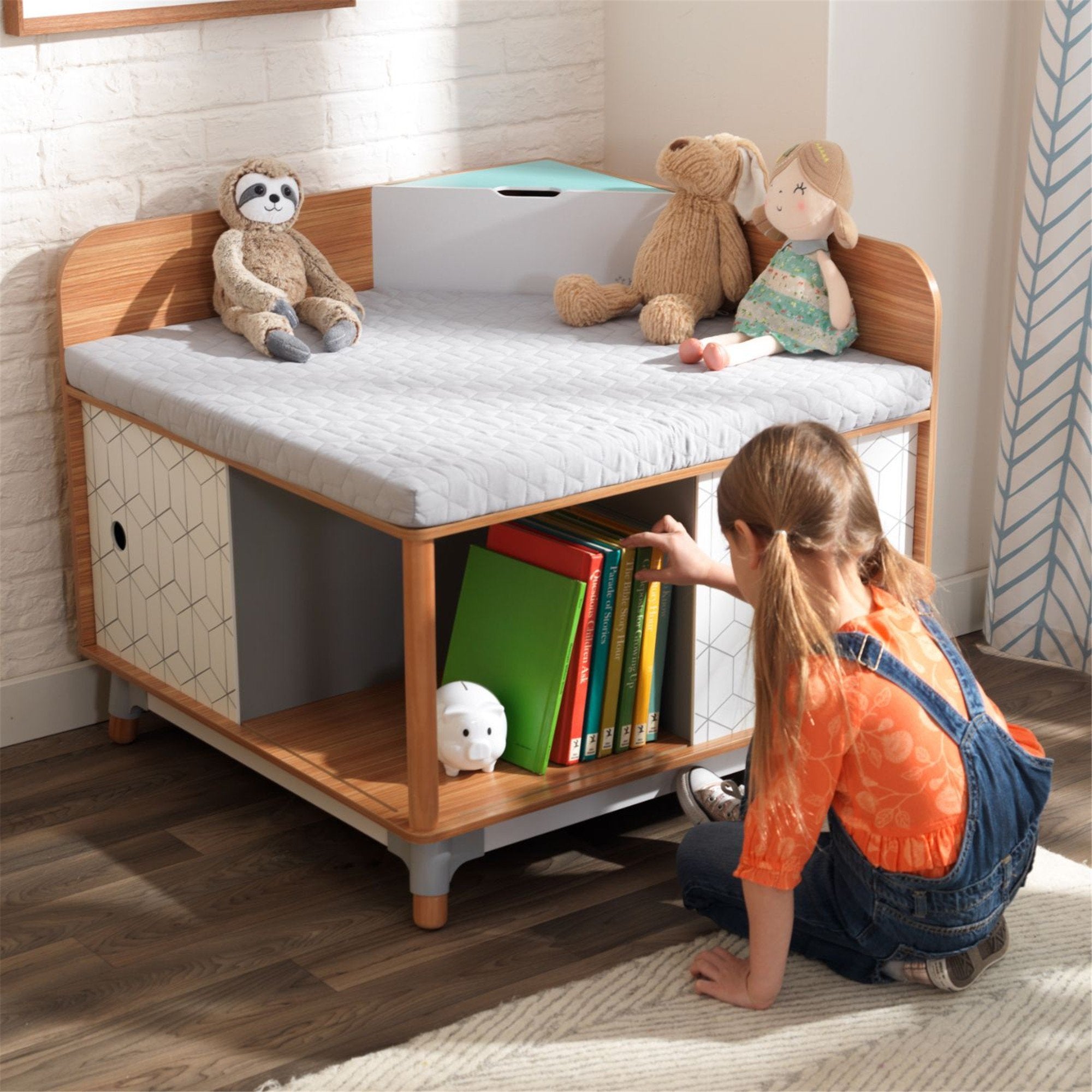 KidKraft Mid Century Modern Wooden Kids Reading Nook - Cozy Book Corner for Children's Bedroom, Playroom & Homeschooling