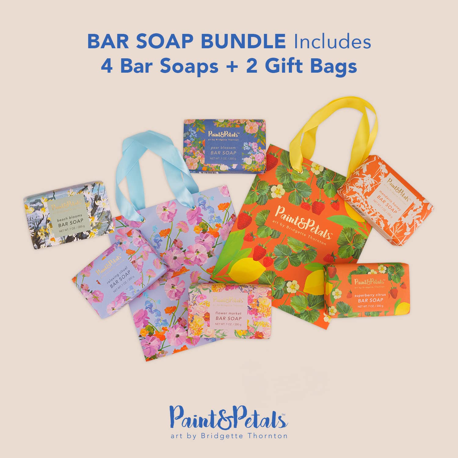 PAINT & PETALS Scented Bar Soap Gift Set - 6 Fragrant Varieties (7oz Each) with 2 Elegant Gift Bags | Perfect for Spa Days, Home Decor & Thoughtful Presents