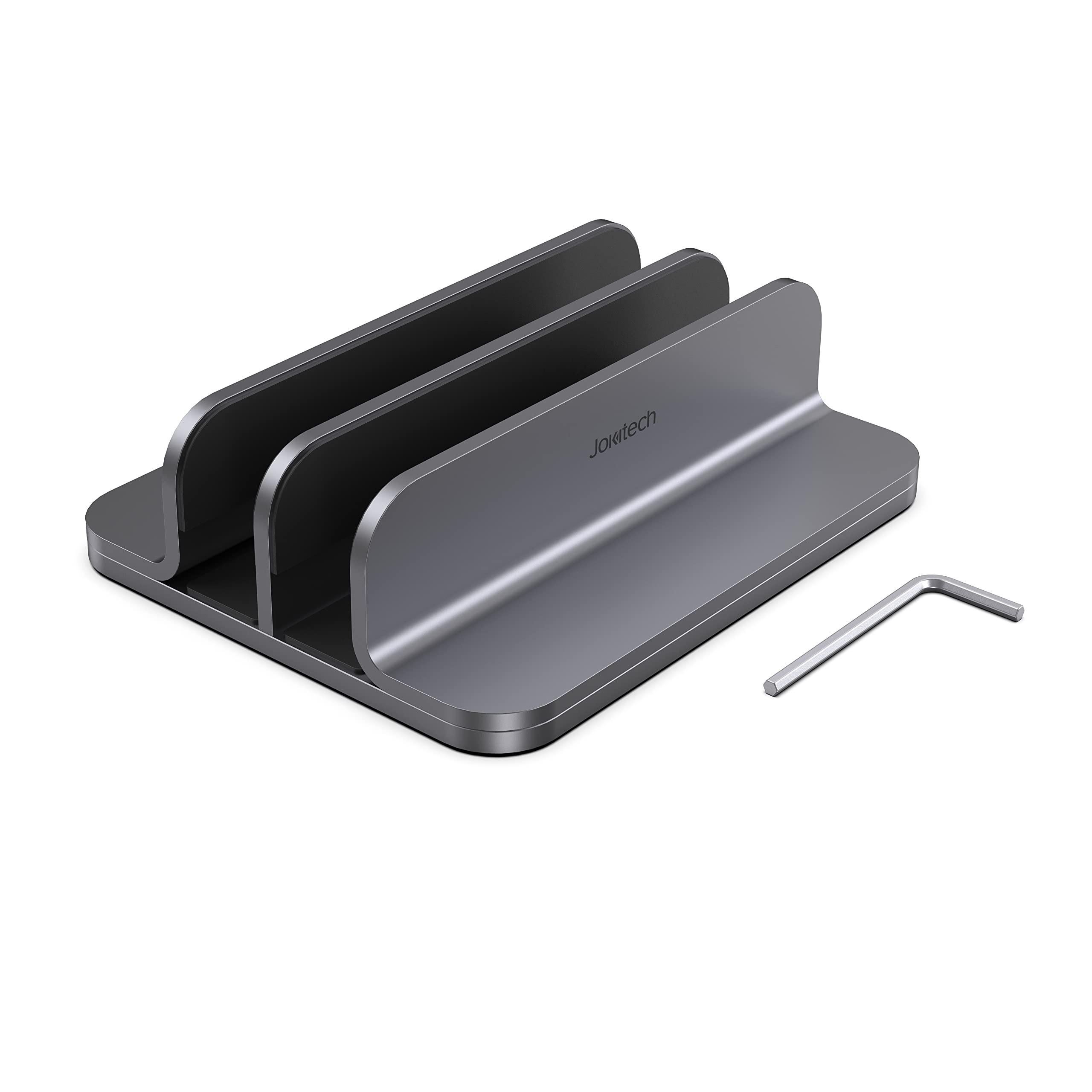 Dual Aluminum Vertical Laptop Stand Organizer - Sturdy Notebook Computer Holder for MacBook Air/Pro, Mac Mini, iPad Pro & Apple TV (Space Gray) | Perfect for Home Office, Desk Organization & Space Saving